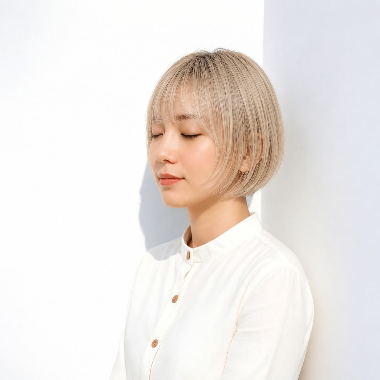 6. ベージュブロンド × 丸みボブ：淡い色を上品にまとめる