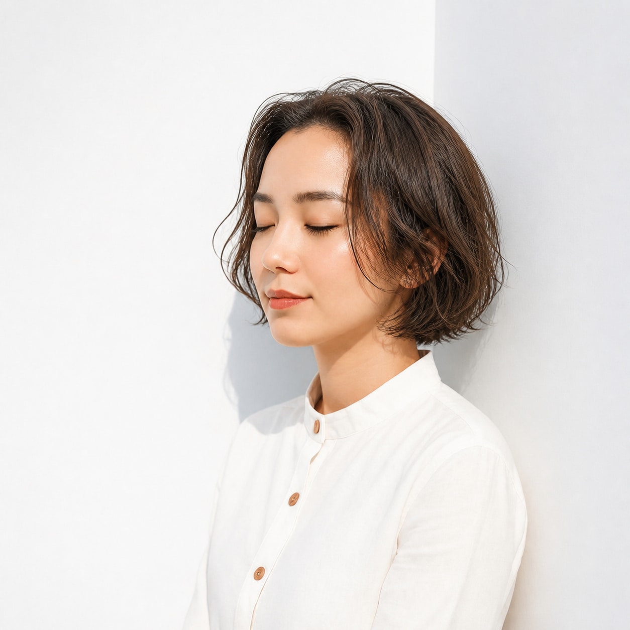 6. ボブパーマ × 前髪なし × センターパート：やわらかな波で大人っぽく