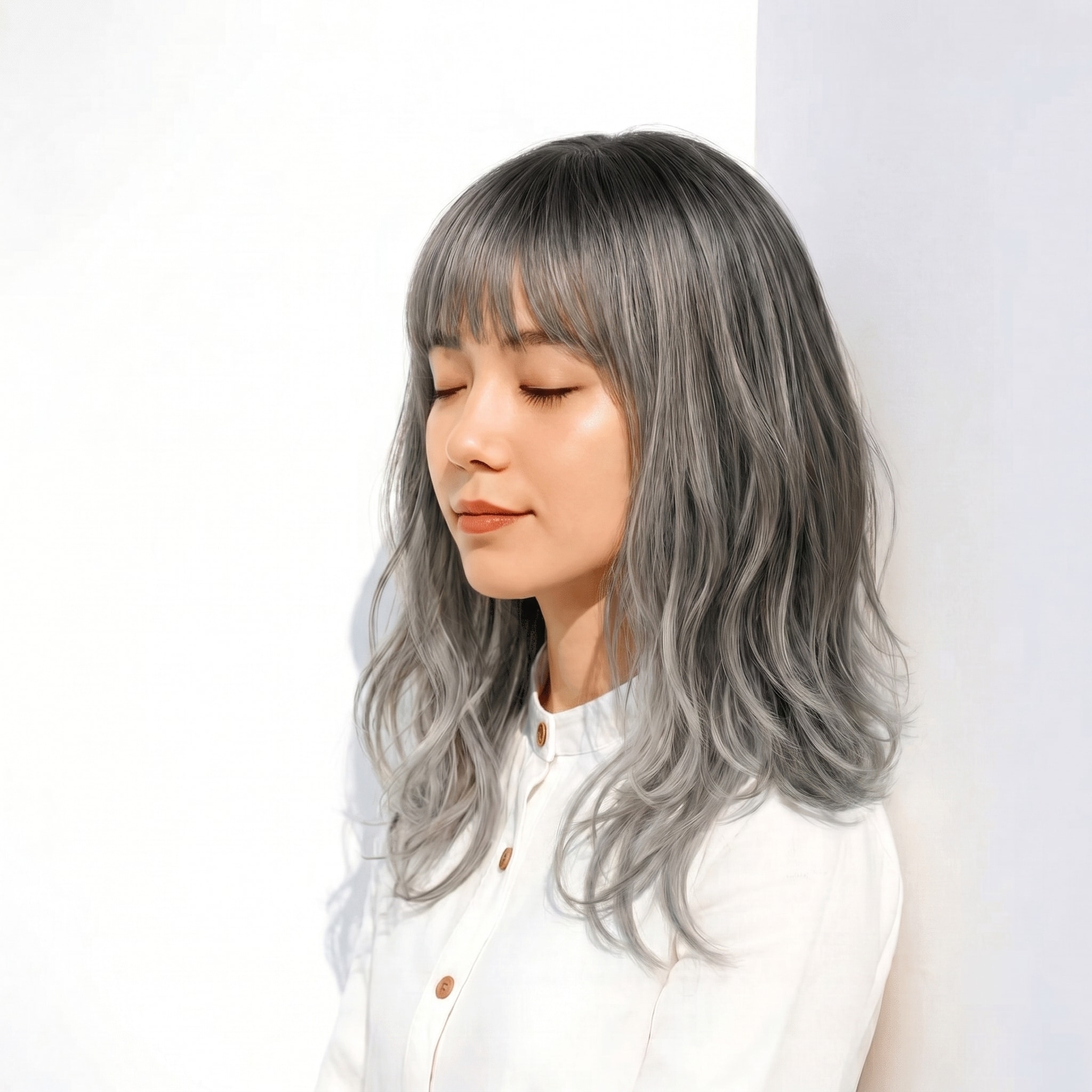 6. ホワイトグレー×ミディアムウェーブ: 柔らかさと立体感を引き出す絶妙カラー