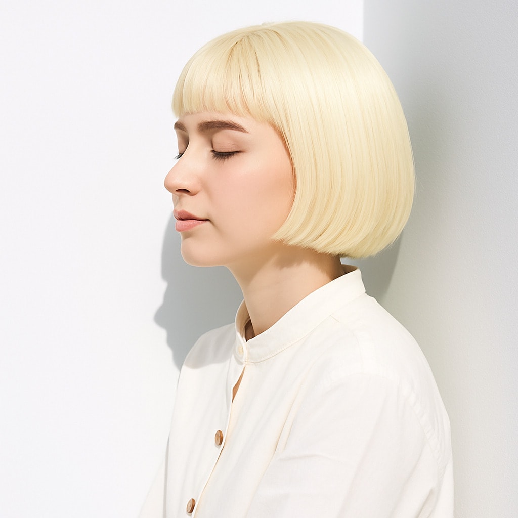 6. ホワイトブロンド×ぱっつんボブ：ミニマルな輝きで洗練された印象に
