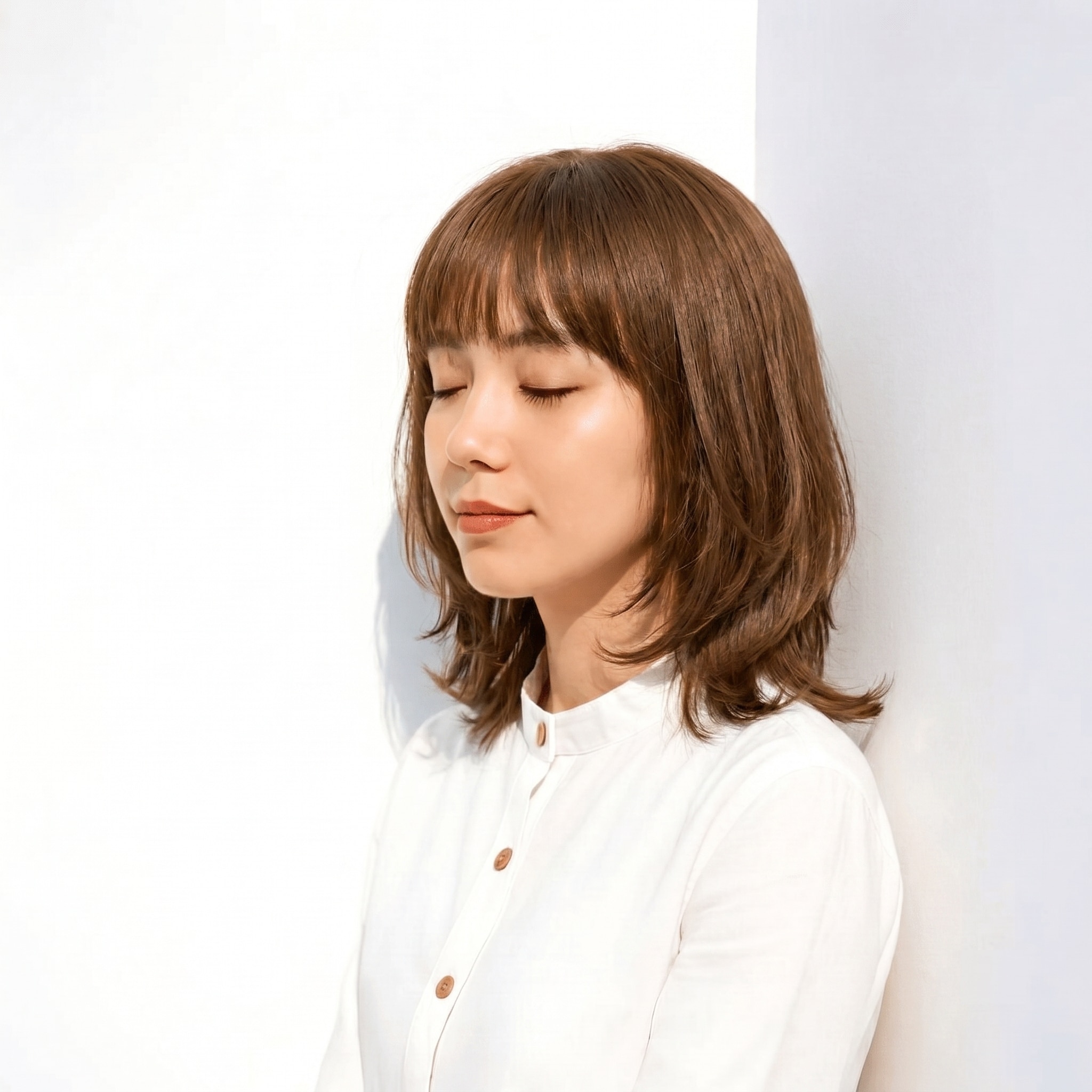 6. マロンベージュ×ミディアムレイヤー: 丸みシルエットで動きを引き立てる