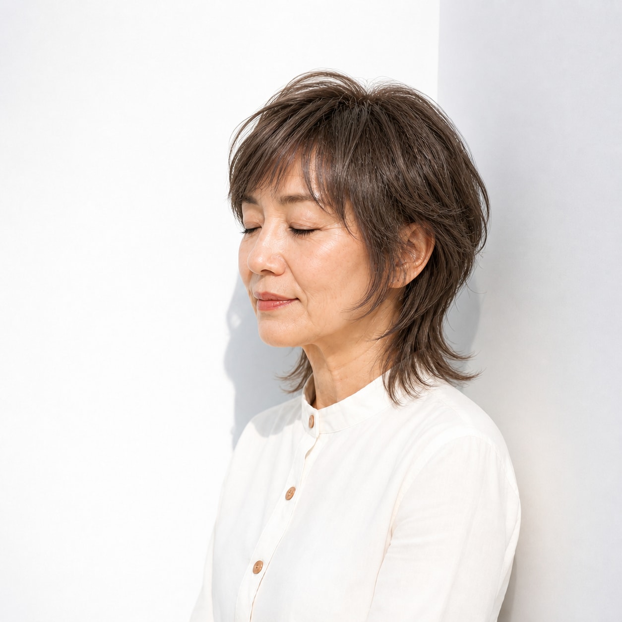 6. ミディアムウルフ × やわらかブラウン：60代に自然な華やかさを