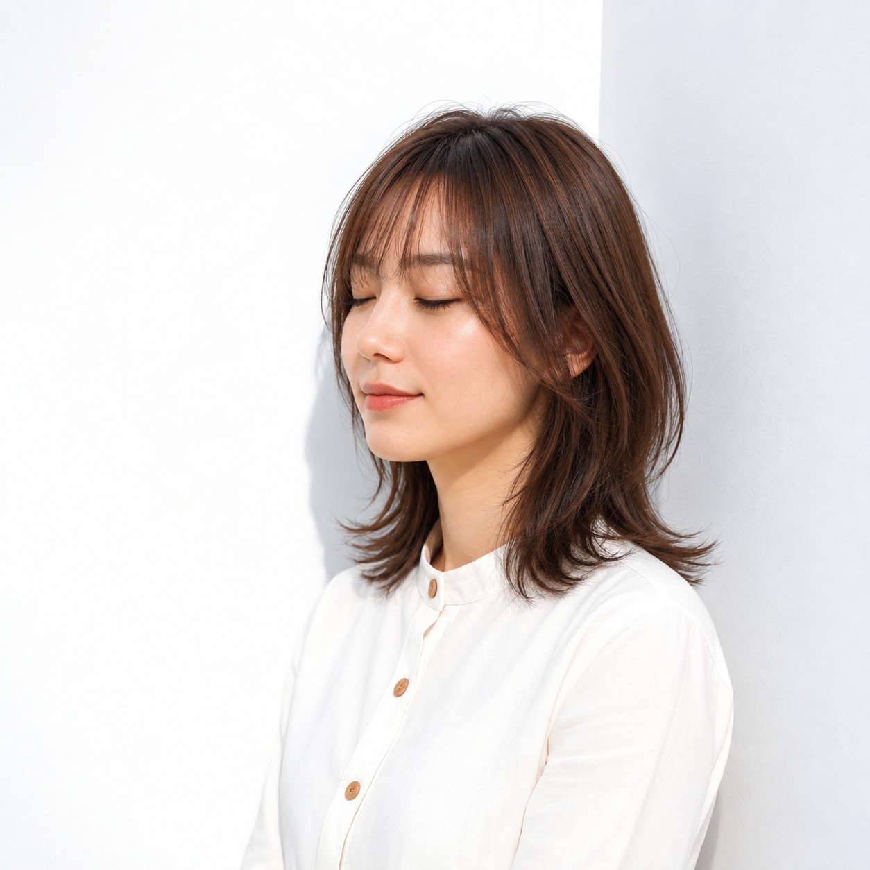 6. ミディアムレイヤー × 前髪あり × くびれヘア：肩まわりに余白ができ、横顔のシルエットが引き締まります