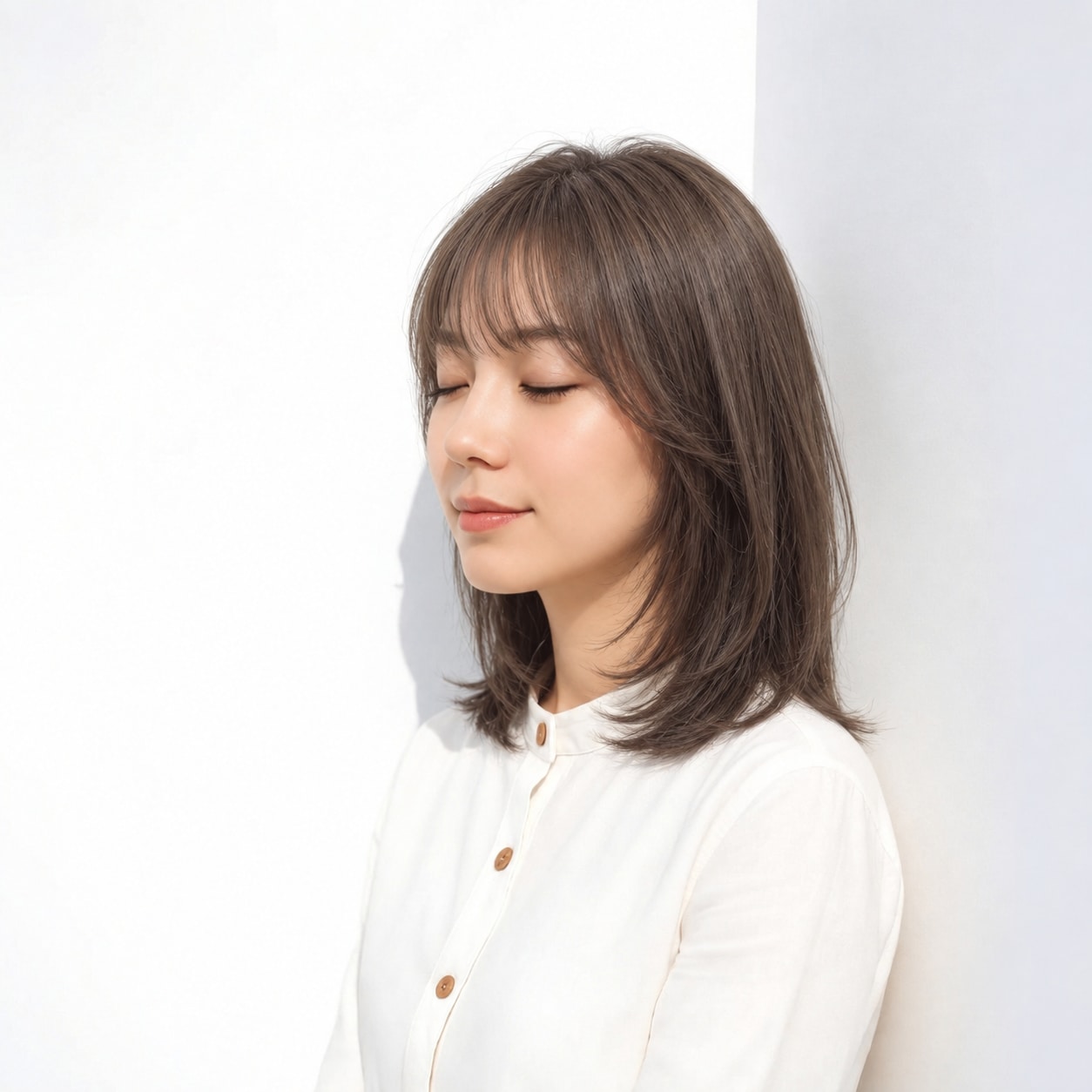 6. ミディアムヘア × 重めシルエット：軽い段があっても先端が薄くなりすぎず、まとまりが保てます