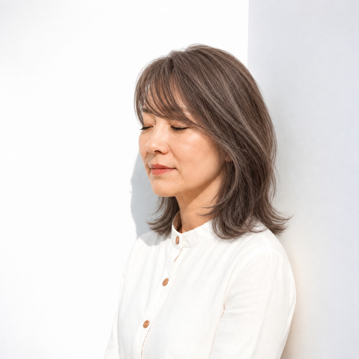 6. ミディアムレイヤー × 前髪あり × くびれヘア：肩まわりに余白ができ、横顔のシルエットが引き締まります