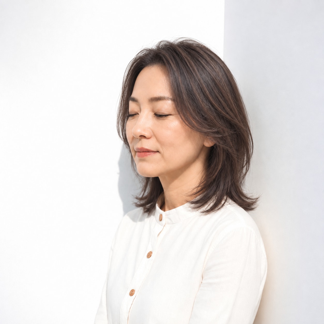 6. ミディアムレイヤー × 前髪なし × くびれヘア：肩まわりに余白ができ、横顔のシルエットが引き締まります