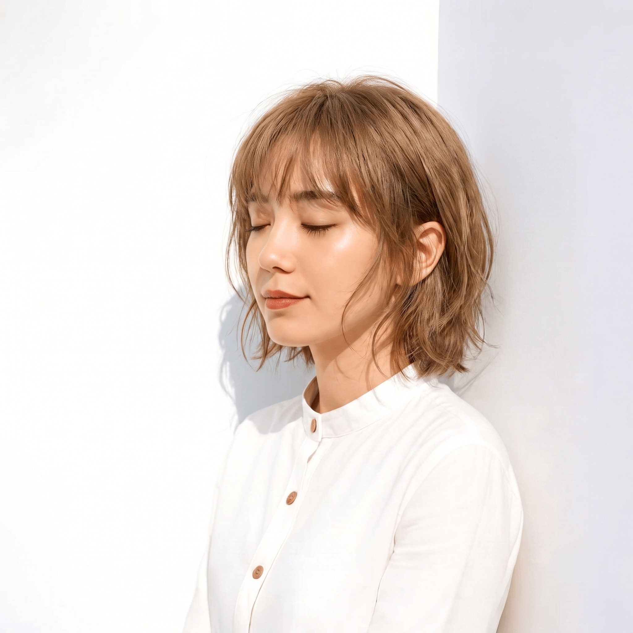 6. ライトベージュ×ウェーブボブ: 赤みを少し含むベージュで短めウェーブが柔らかい印象になる