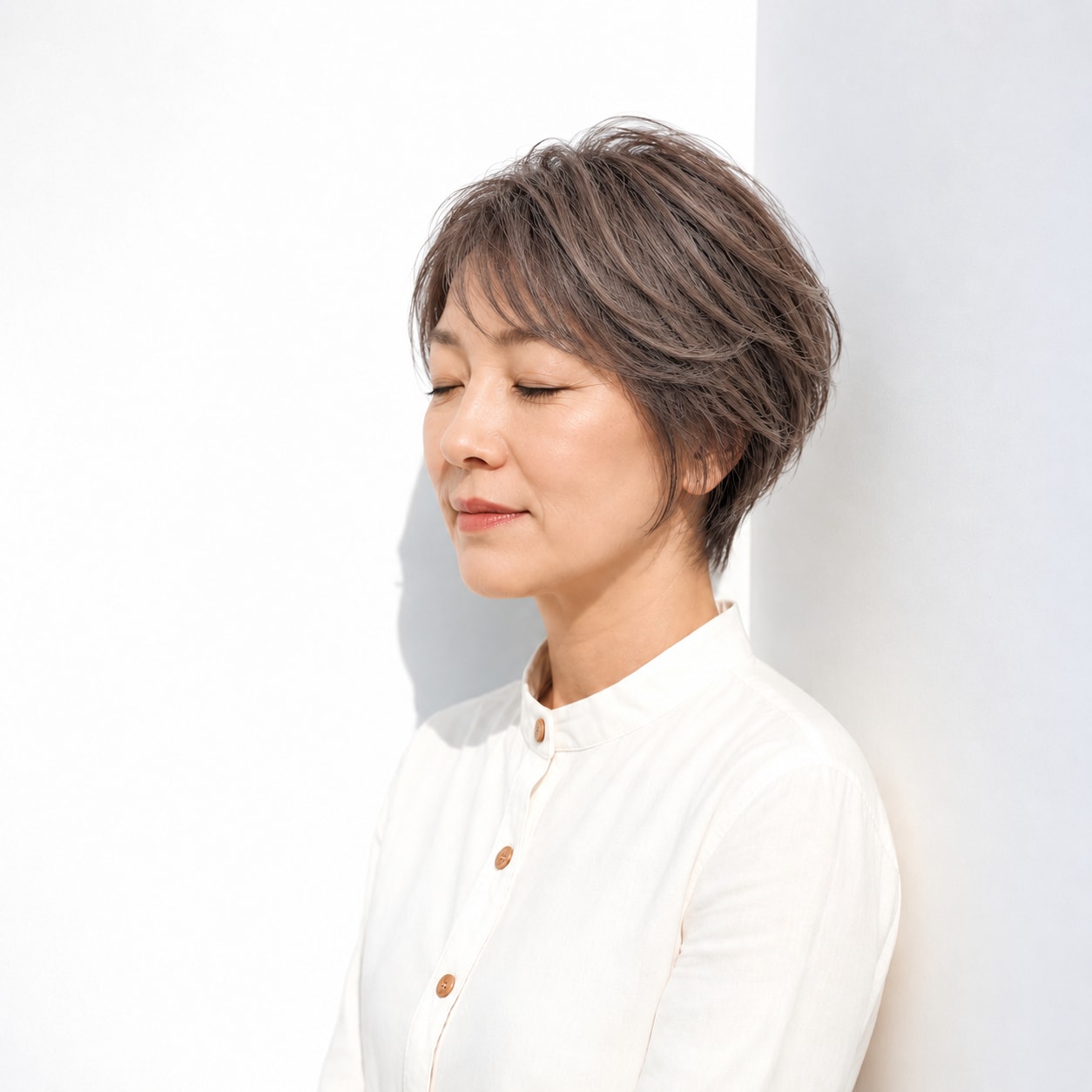 4. レイヤーショート × 流し前髪：自然体で洗練された雰囲気