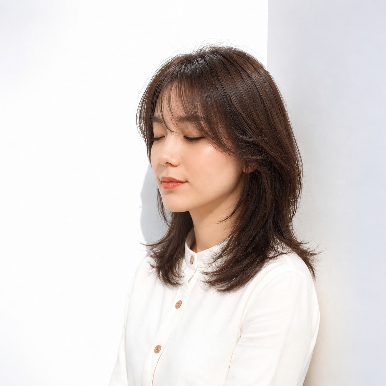 6. レイヤーミディアム × ダークブラウン：顔に沿う曲線で落ち着いて