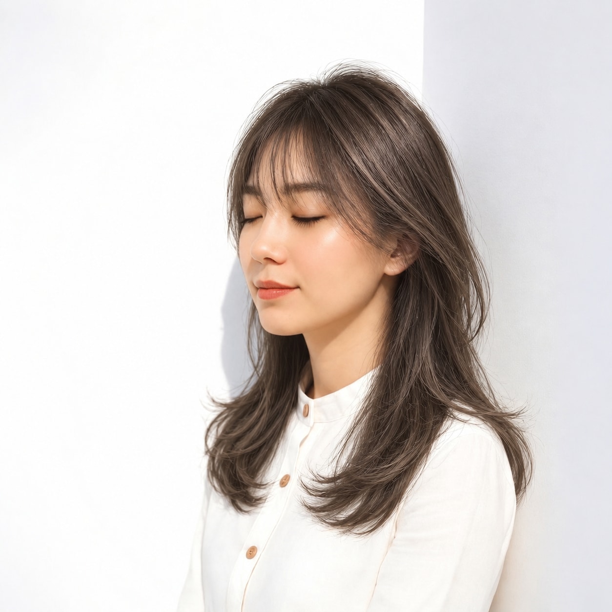 6. レイヤーロング × シースルーバング：軽い前髪で柔らかな華やかさ