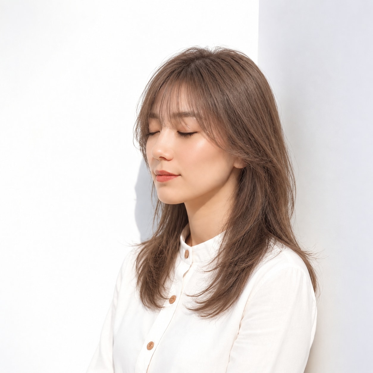 レイヤーロング × 斜めに流れる毛束：軽やかな表情に