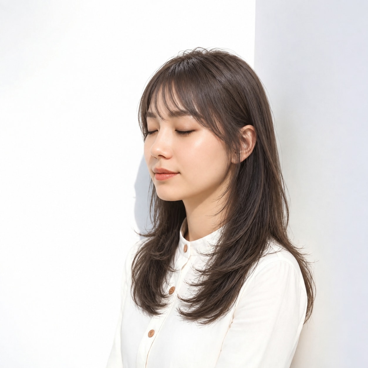 6. ロングレイヤー × 前髪あり × 重めシルエット：軽い段があっても先端が薄くなりすぎず、まとまりが保てます