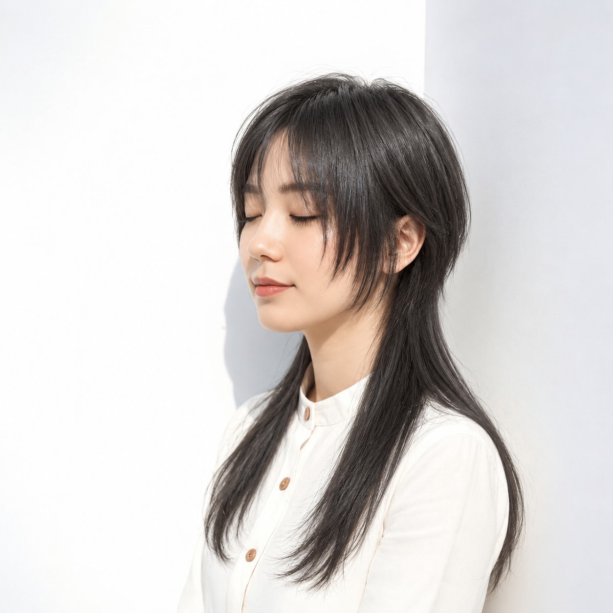 6. 中性ロングウルフ × 黒髪：長さを残しながら顔まわりの軽さを楽しめる