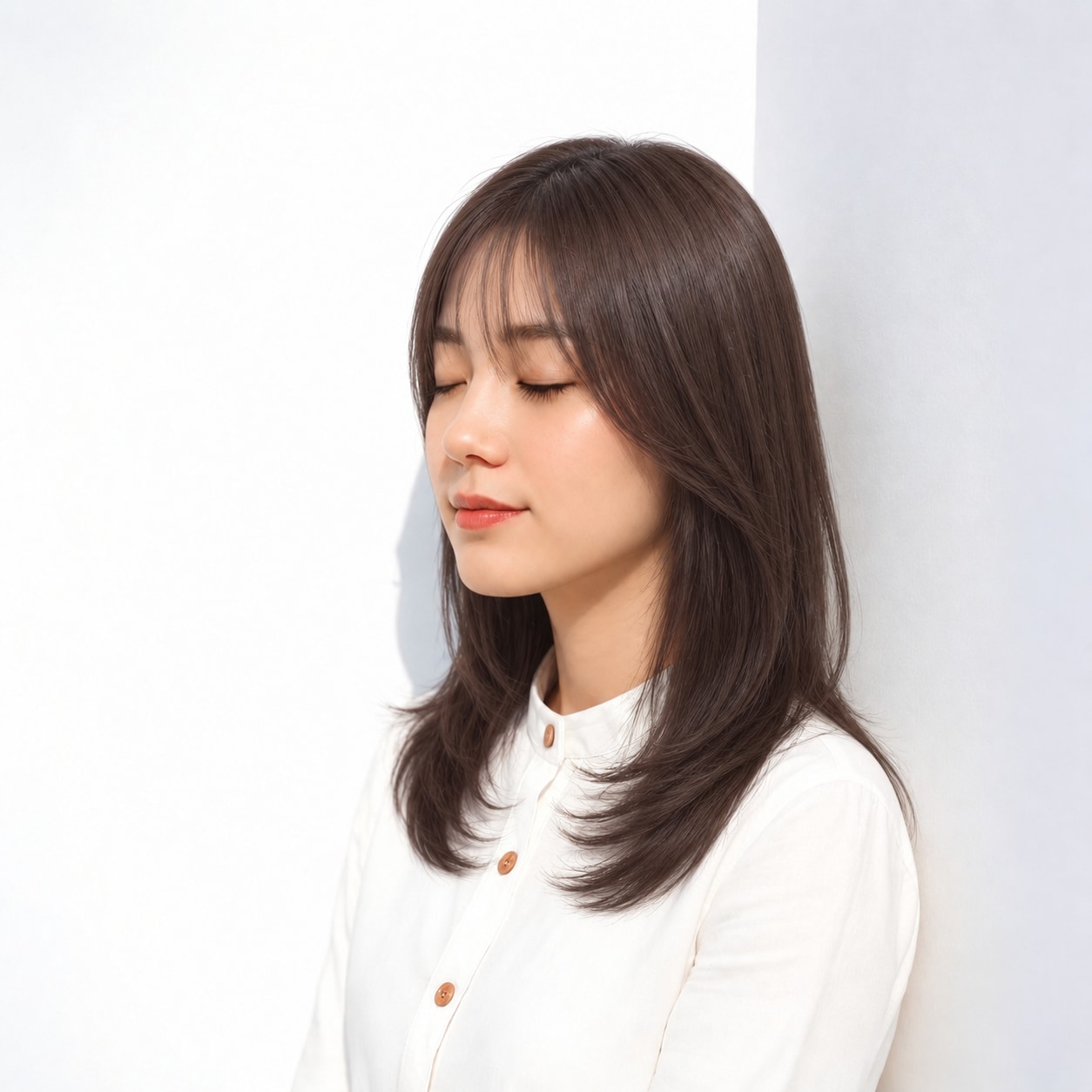 6. 内巻きミディアム × ダークブラウン：長いラインで上品に