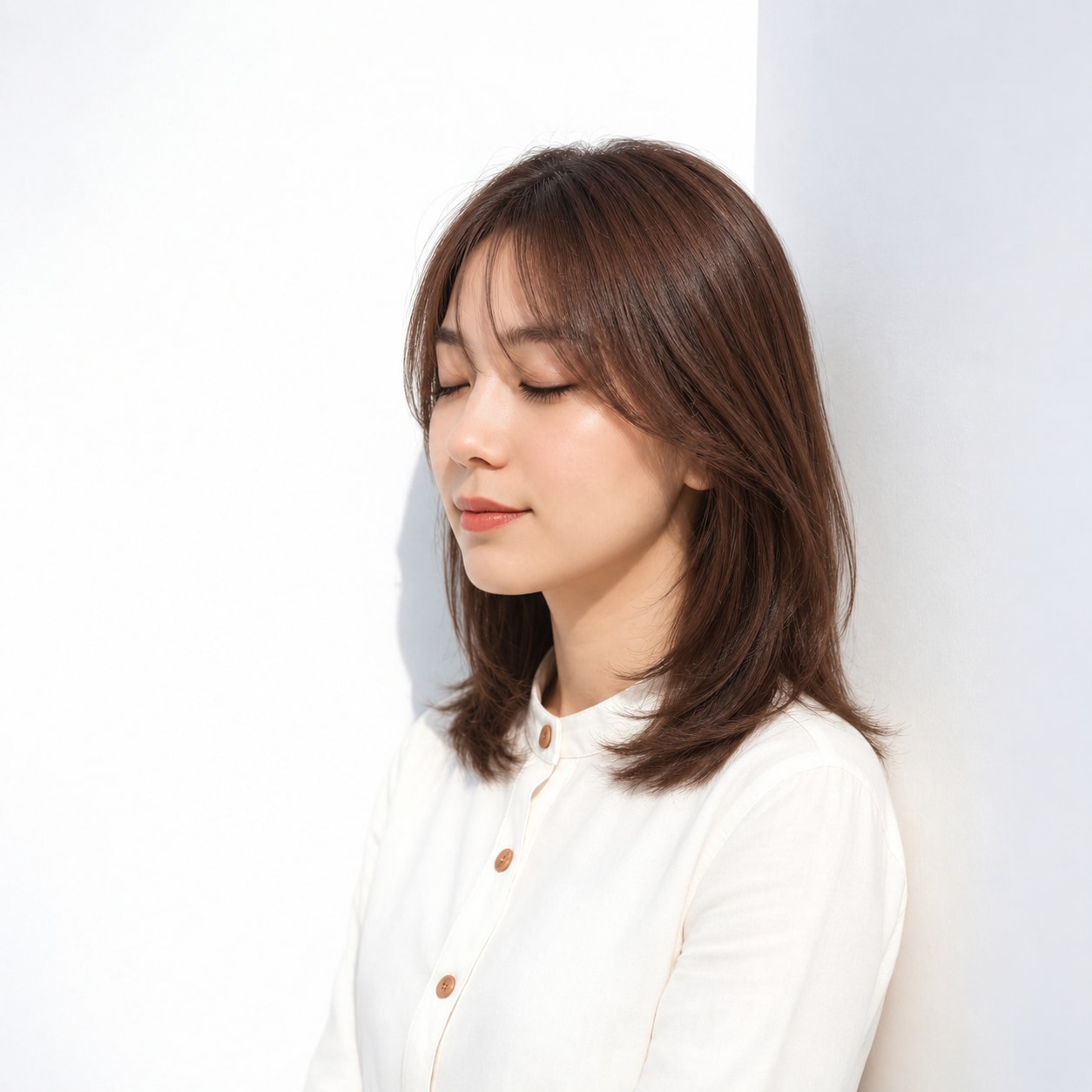 6. 内巻きミディアム × 栗色ブラウン：つややかなカーブで上品な甘さを
