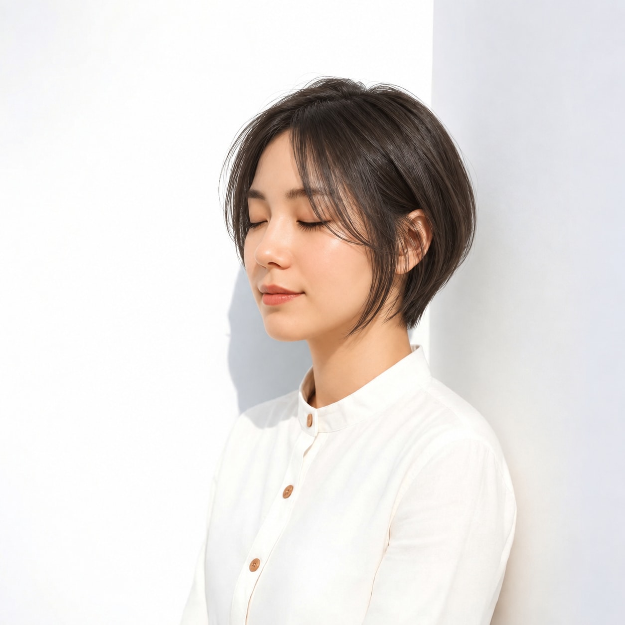 6. 前下がりショートボブ × 耳かけ：片側に余白ができ、コンパクトな形へ軽さを足せます