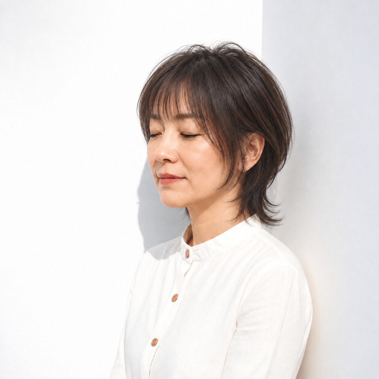 薄めの前髪とあご近くの顔まわり、軽い襟足の暗めブラウンのウルフボブ