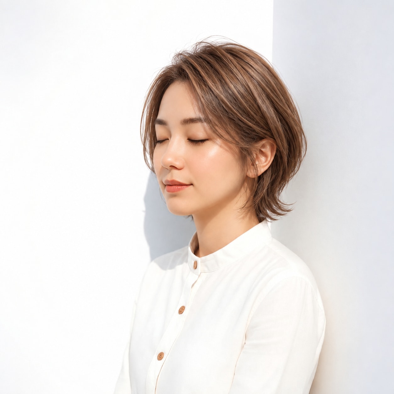 明るめブラウン系のウルフボブ。額と片耳が見え、襟足は外向き