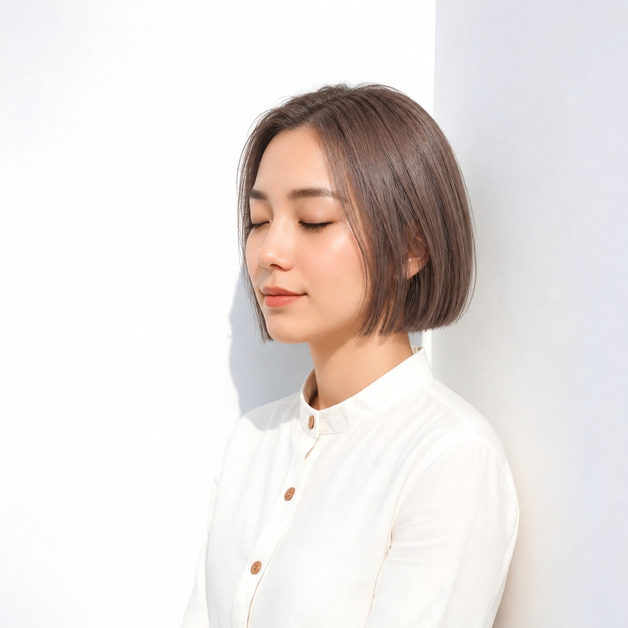 6. 前髪なし切りっぱなしボブ × 前上がりボブ：顔の近くに軽さが集まり、前上がりの形が自然に伝わります