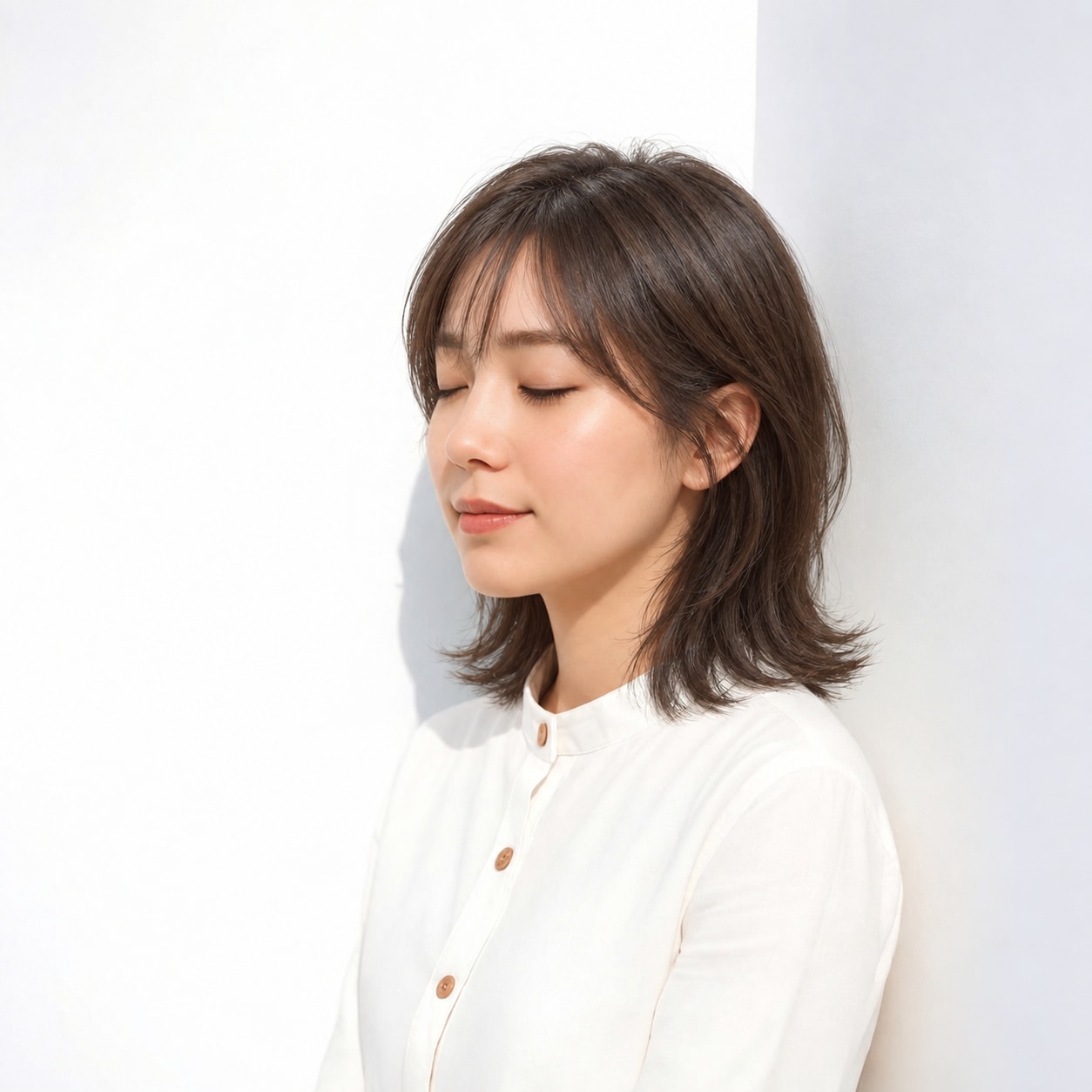 6. 外ハネミディアム × 前髪あり × 外ハネ：首元にくびれができ、ミディアムの重さを下へためません