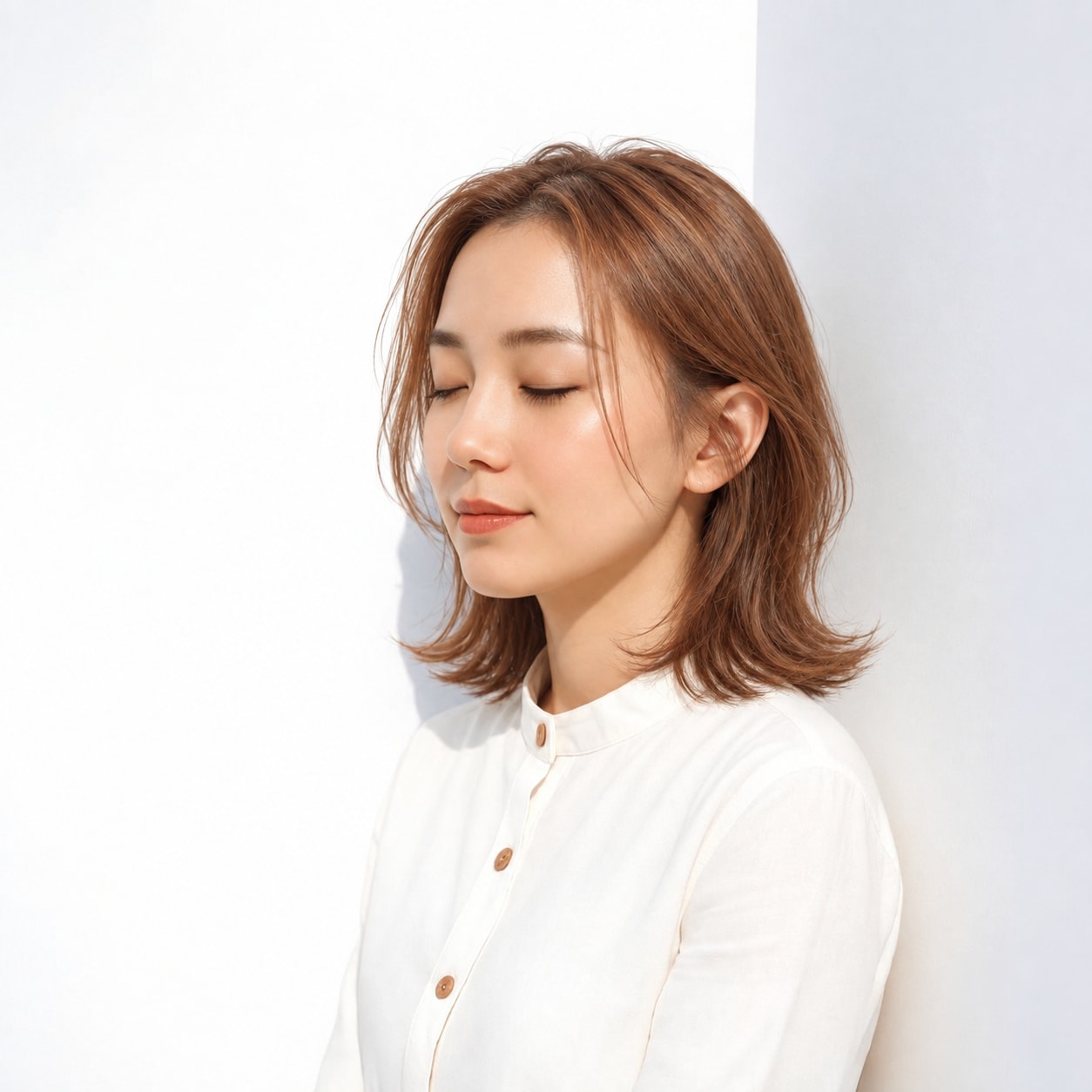 6. 外ハネミディアム × 前髪なし × くびれヘア：肩まわりに余白ができ、横顔のシルエットが引き締まります