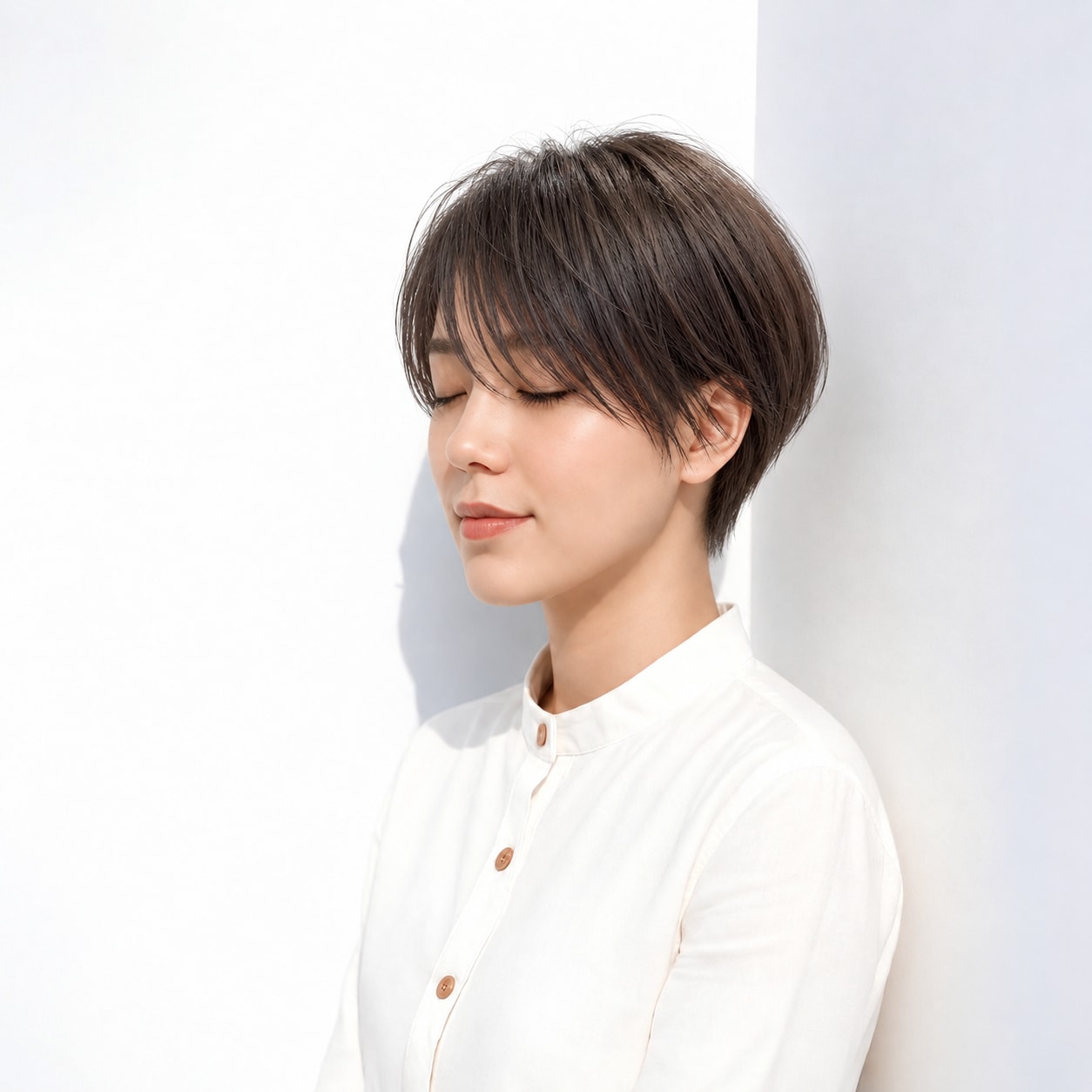 5. 流し前髪ハンサムショート × モカブラウン：斜め前髪なら額を出しすぎず自然になじむ