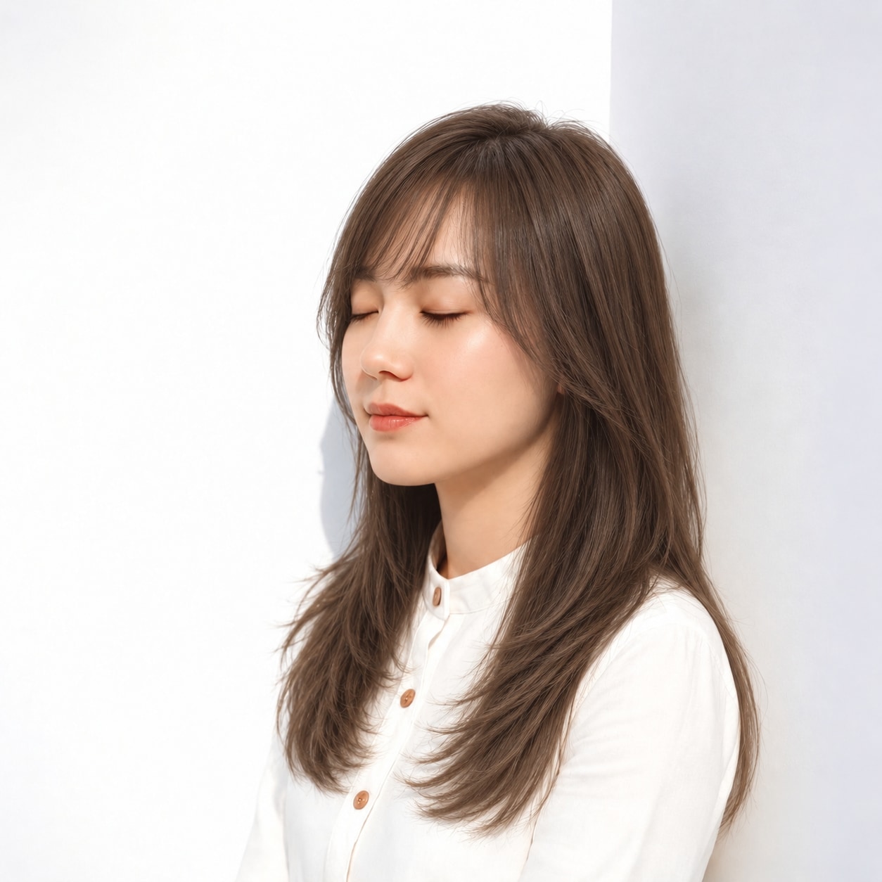 6. 流し前髪ロング × ブラウン：斜めの線で落ち着いたやさしさ