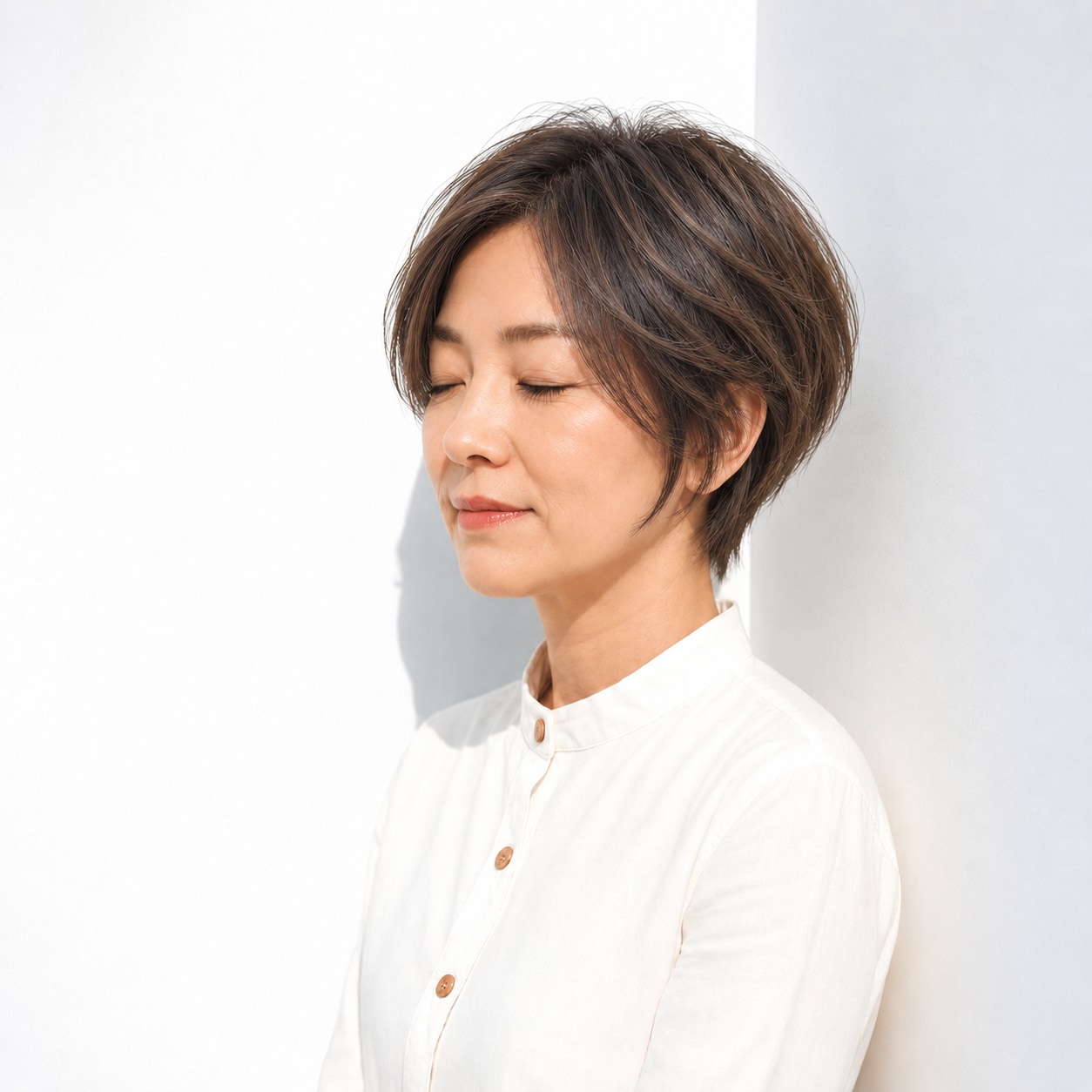 6. 長いサイドバング × 丸みショート：頬の横を優しく包む