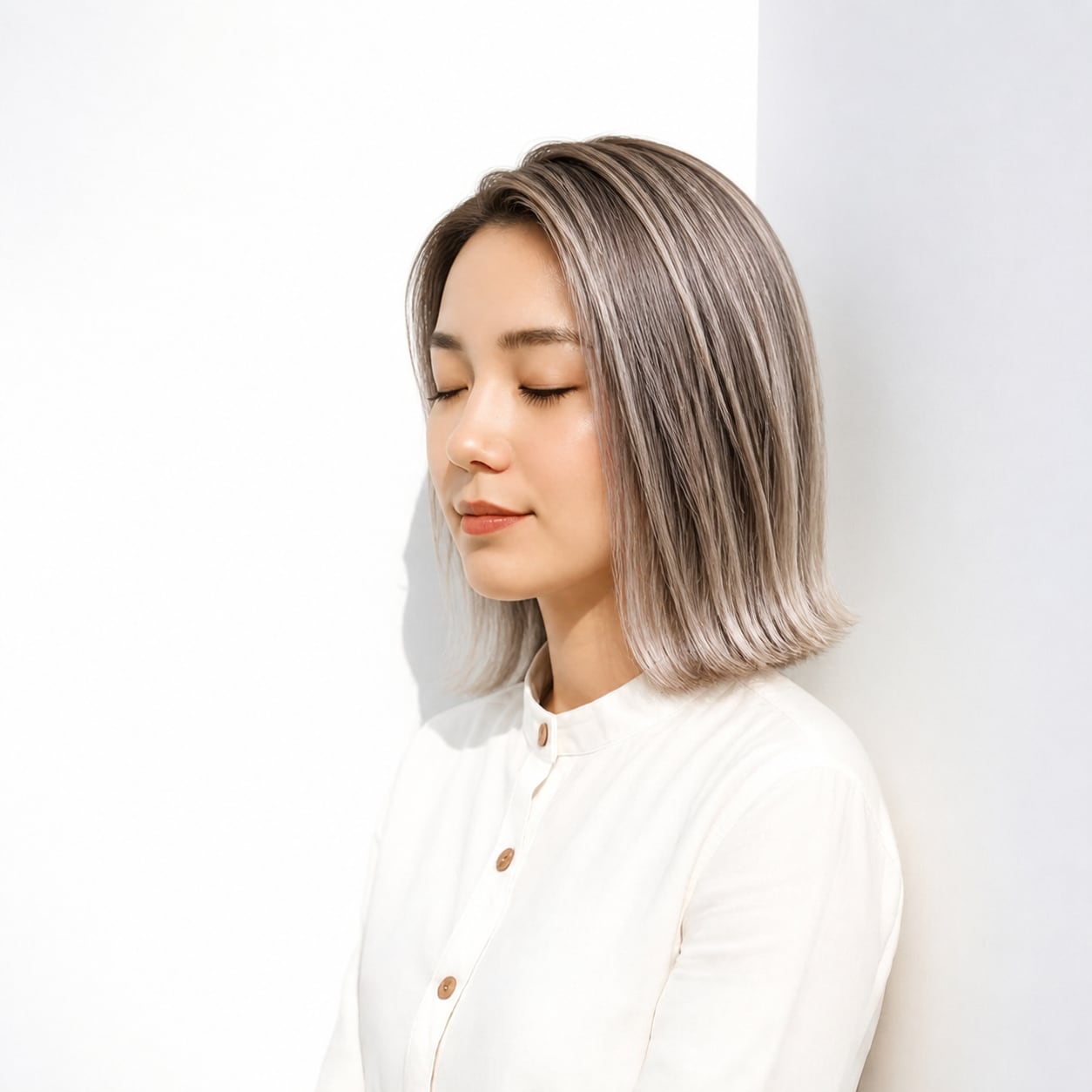 6. 長めボブ × ハイトーンベージュ：ストレートを軽く見せる