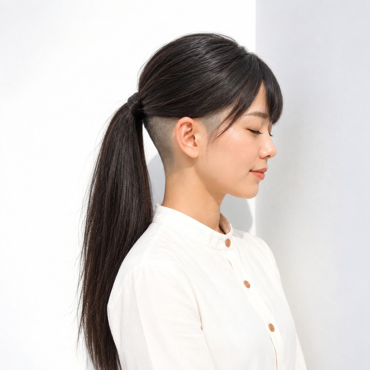 3. 刈り上げロング × 黒髪ポニー：長い髪を結ぶと短いサイドがすっきり見える