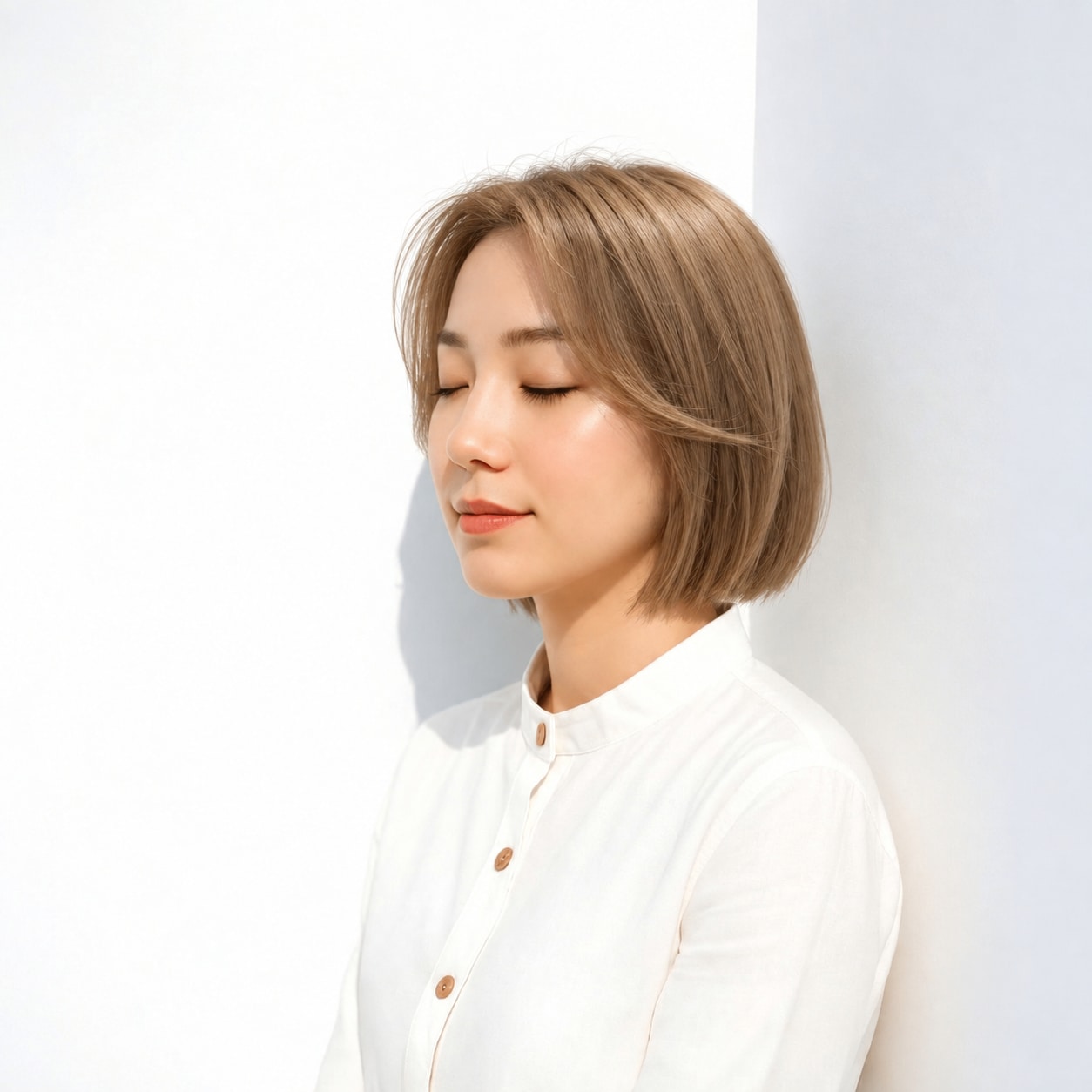 6. 韓国ボブ × 前髪なし × 前下がりボブ：横顔に斜めのラインが入り、すっきりした印象になります