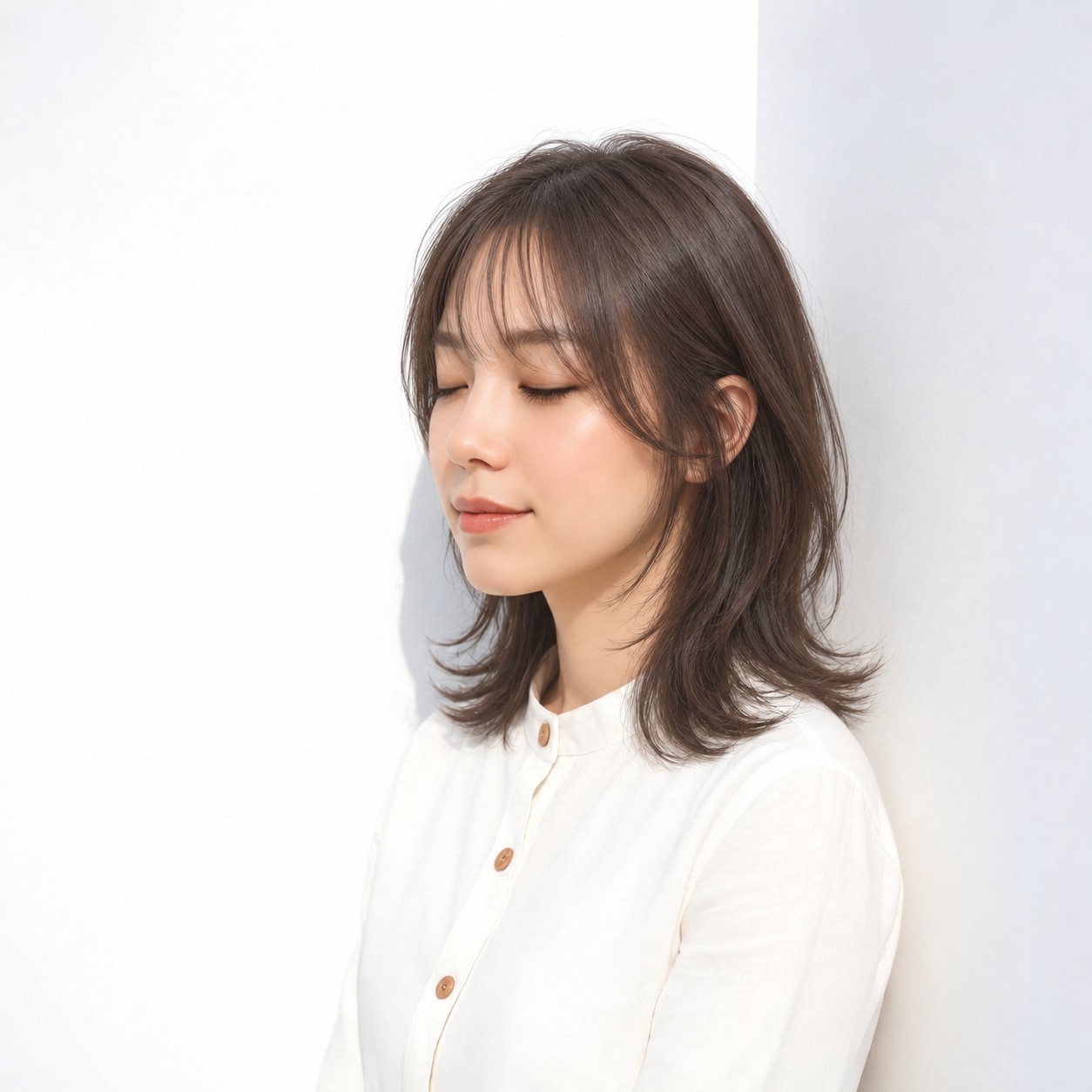 6. 顔まわりレイヤー × ミディアム × くびれヘア：肩まわりに余白ができ、横顔のシルエットが引き締まります