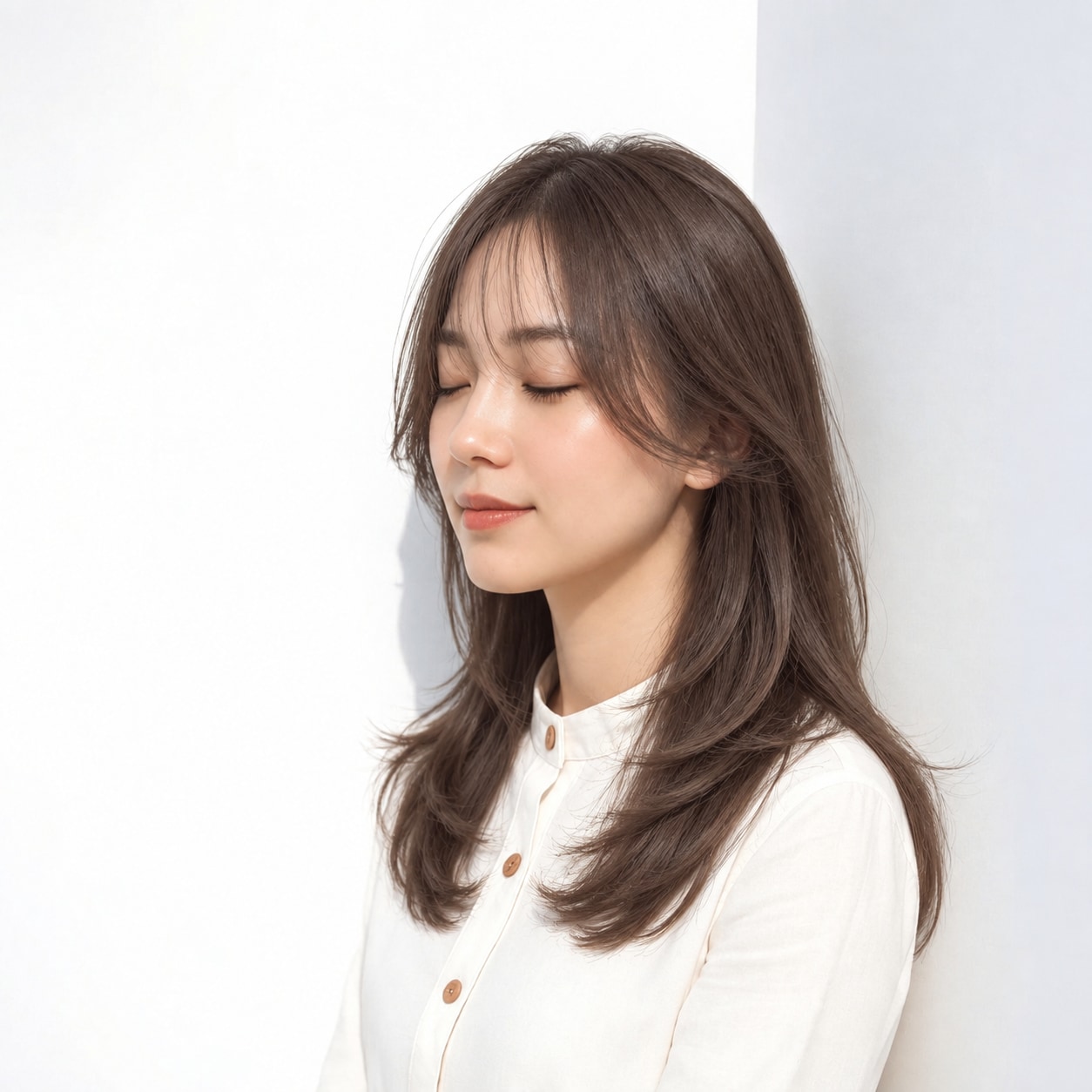 6. 顔まわりレイヤー × ロング × 低めに作るくびれ：肩まわりに余白ができ、横顔のシルエットが引き締まります