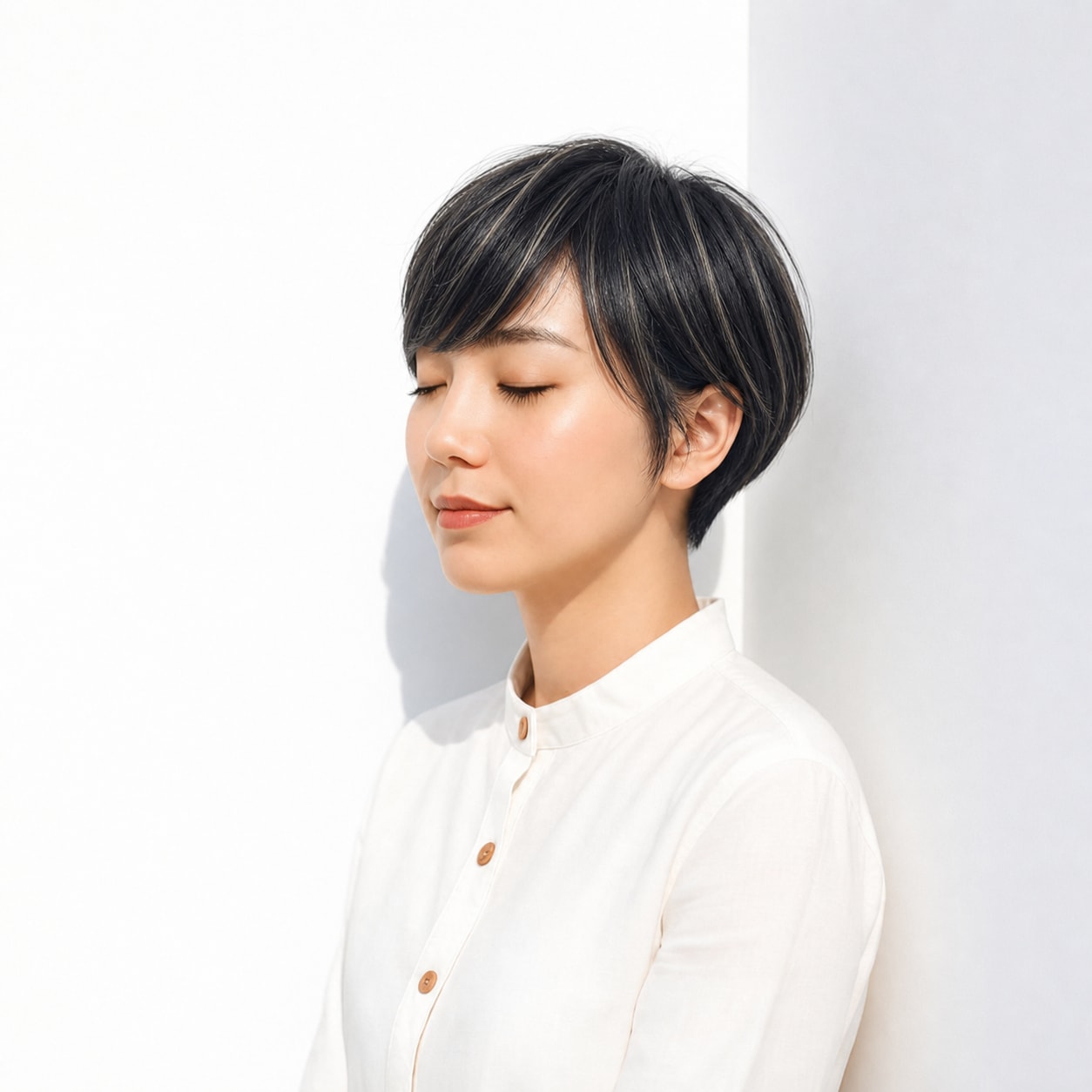 6. 黒髪ハイライト×コンパクトショートボブ: 毛先の明るいラインで外ハネに軽さが出る