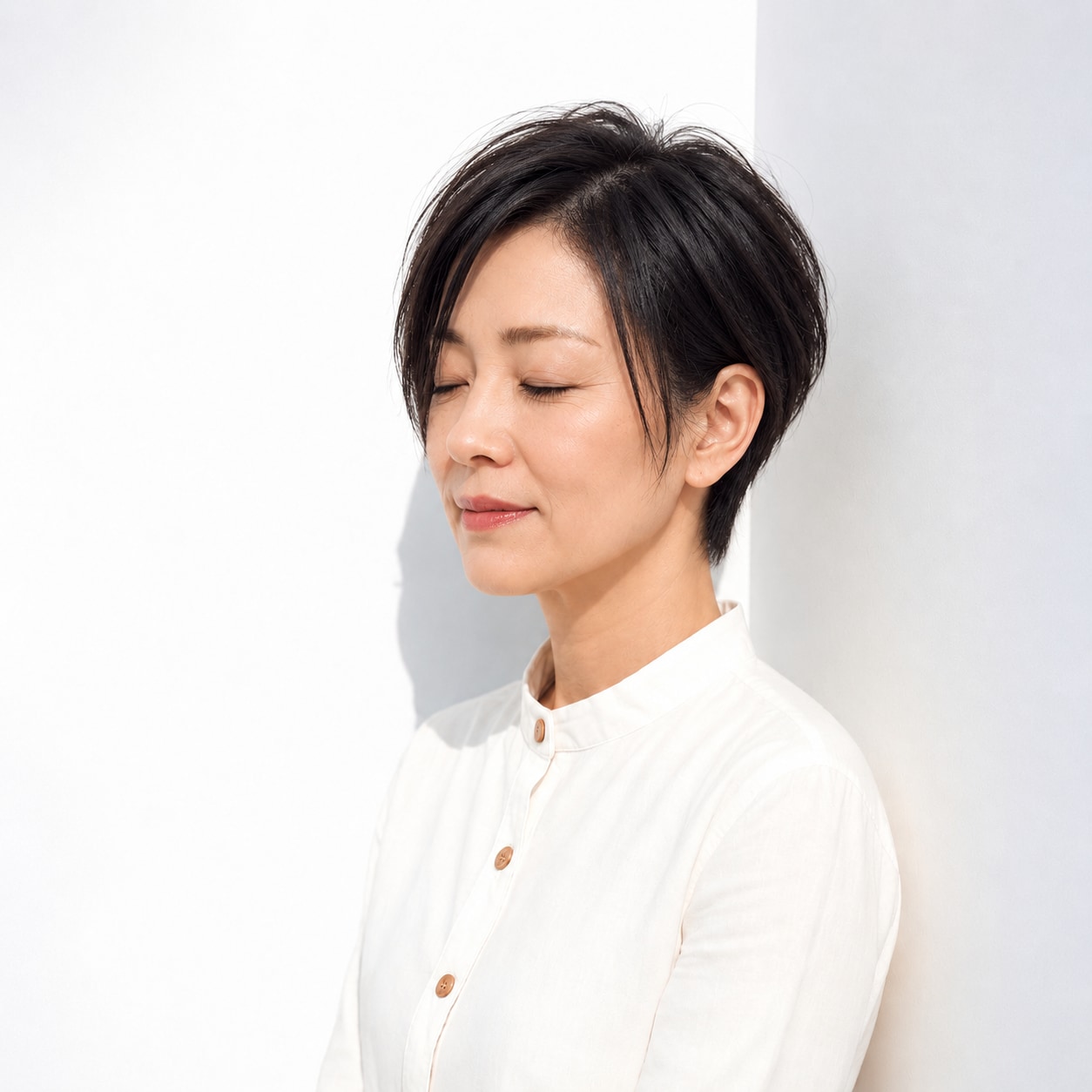 3. 黒髪ハンサムショート × 長い前髪：短い襟足で首元がすっきり見える