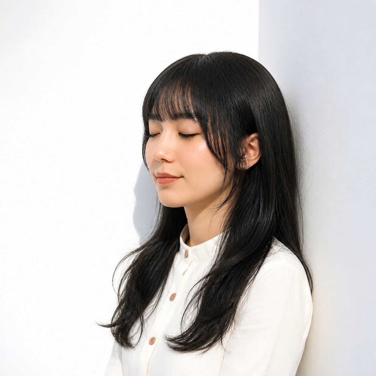 6. 黒髪ロング × ぱっつん前髪：毛先まで上品