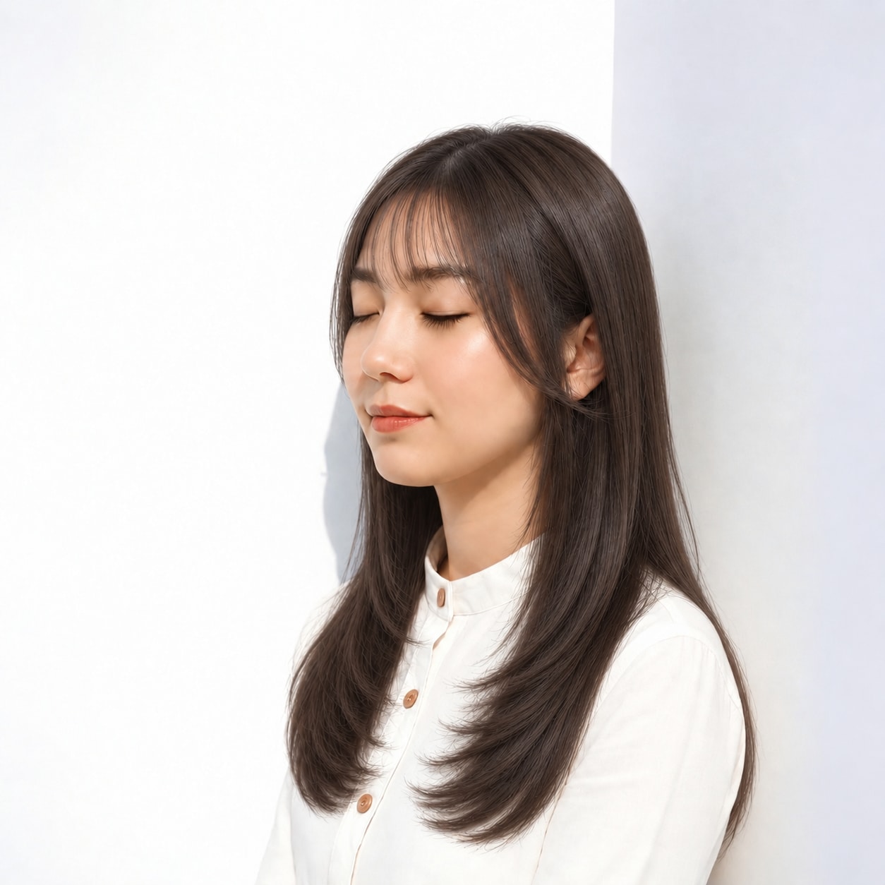 6. 黒髪内巻きロング：軽い前髪で重さを調整する
