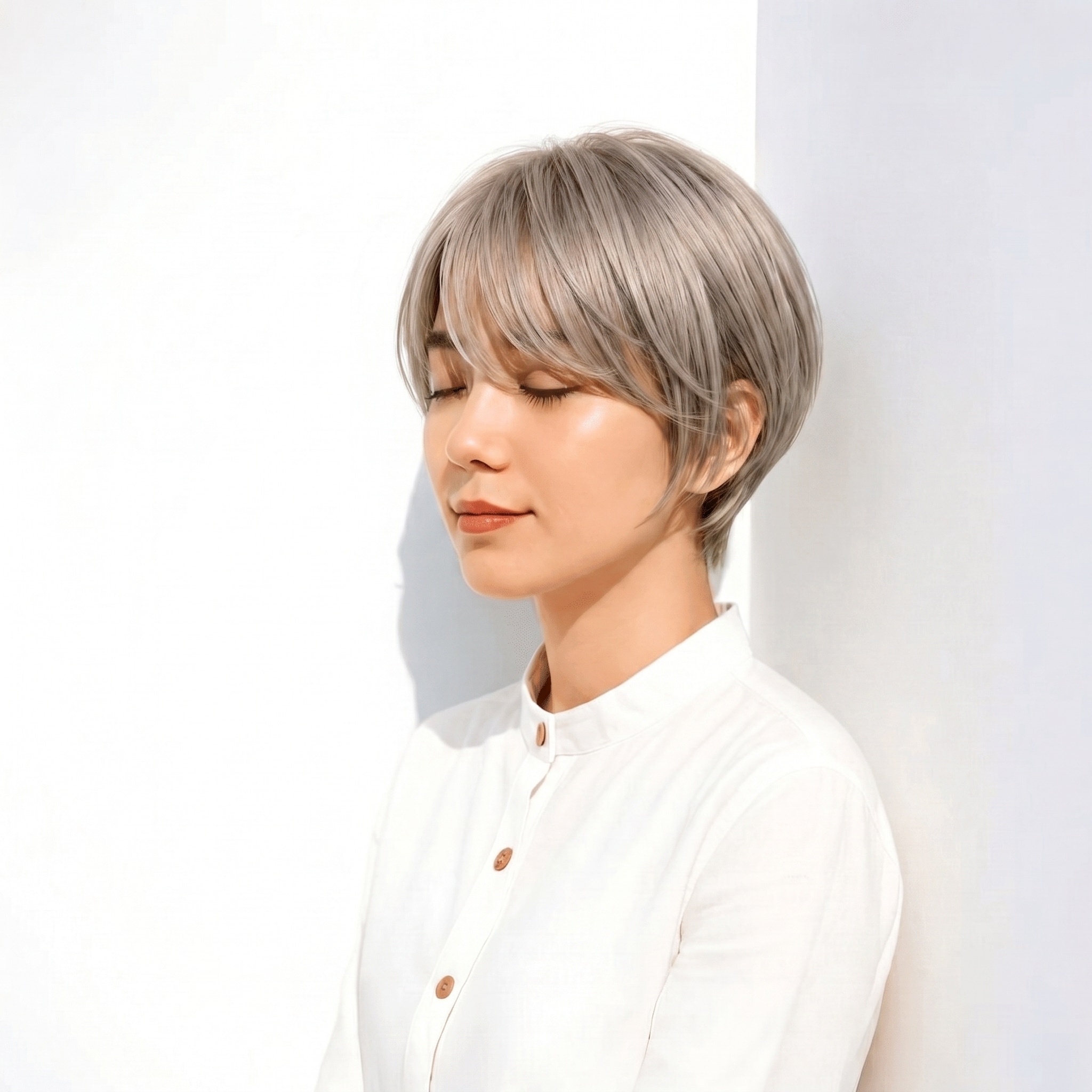 64. シルバーベージュ×丸みショート: 黄みを抑えた上品な立体感ショート