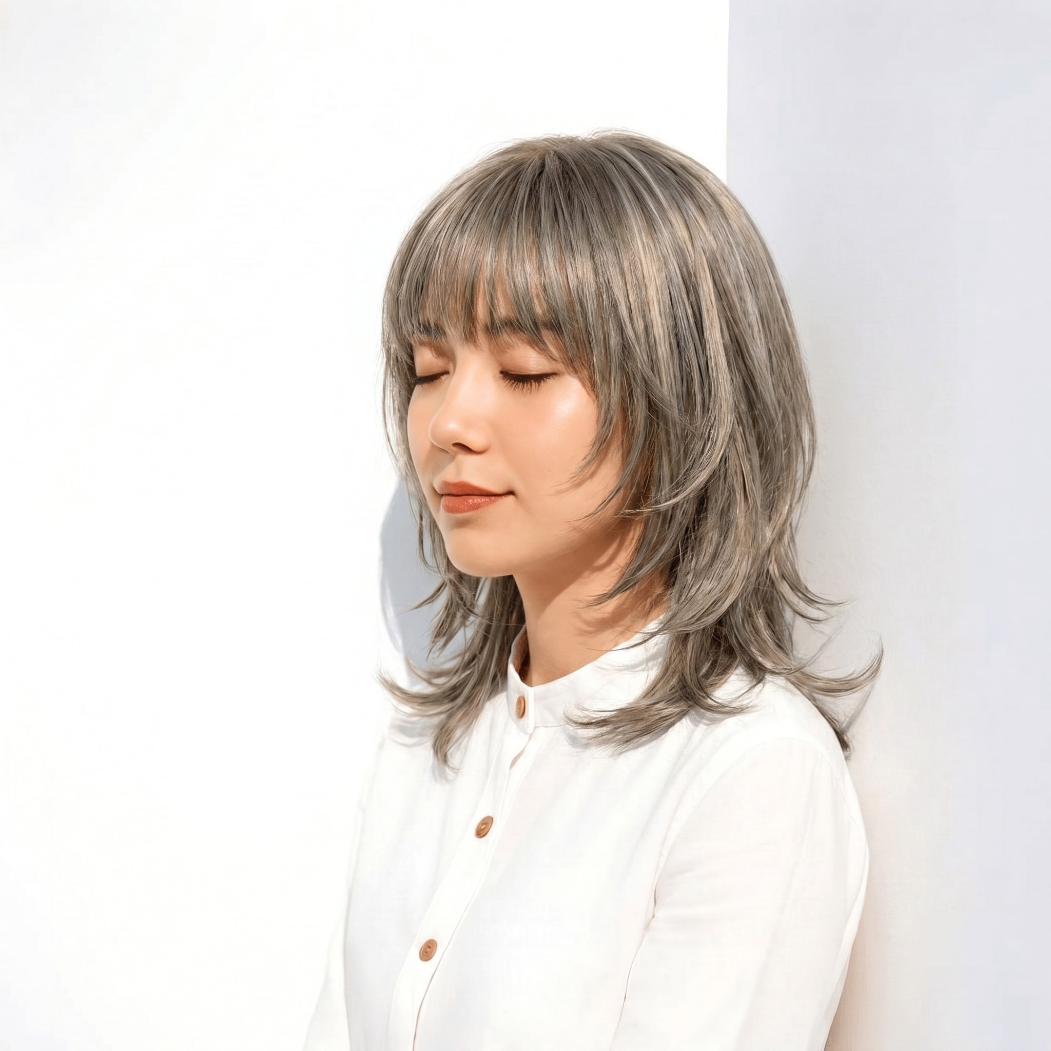 65. シルバーベージュ×ミディアムウルフ: 透け感シルバーベージュで軽やかさと上品さを演出