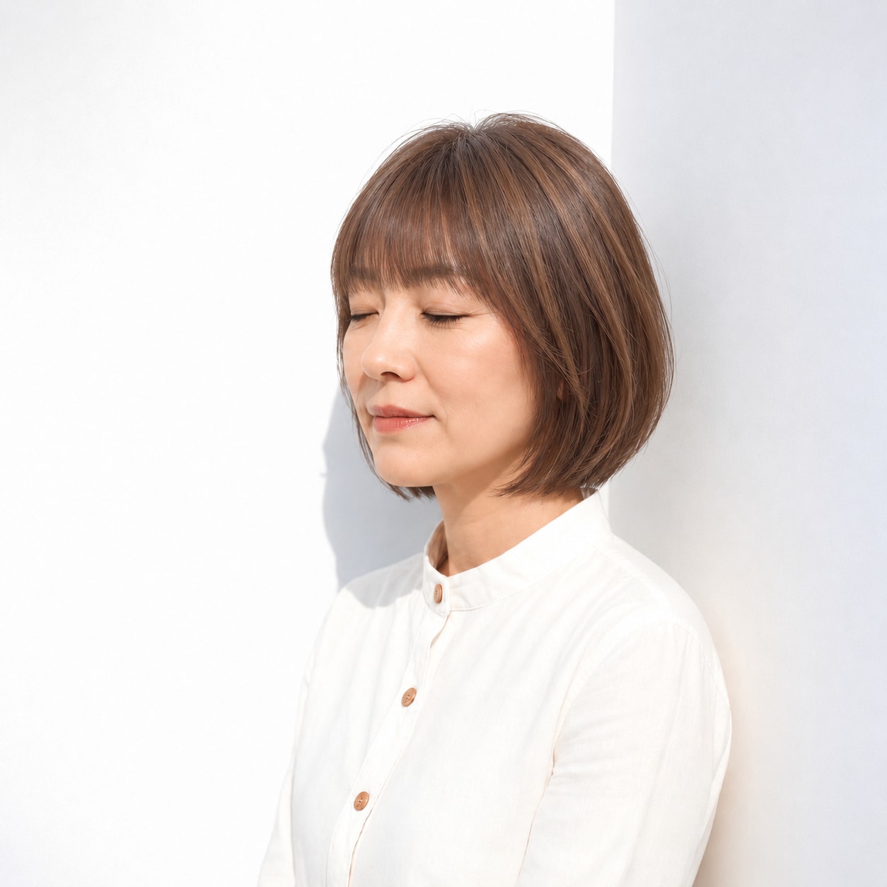 4. あご丈ボブ × ブラウン：下ろした前髪と内巻きでやわらかく見える
