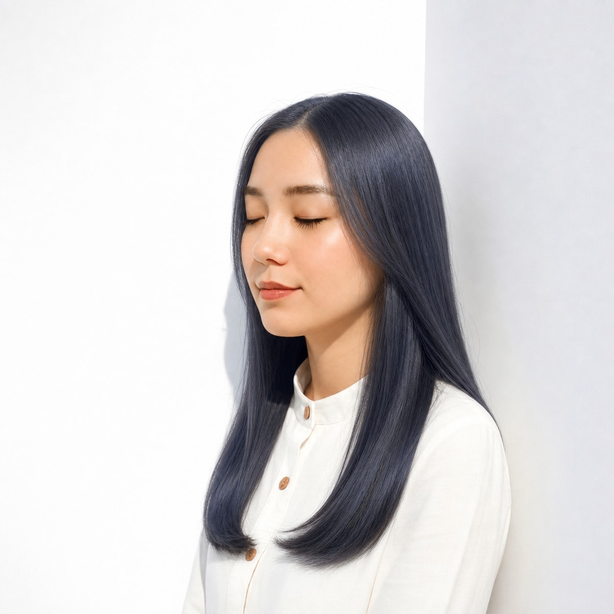 7. くすみブルー×ストレートロング: 控えめなネイビーブルーで黒髪よりクールな印象になる