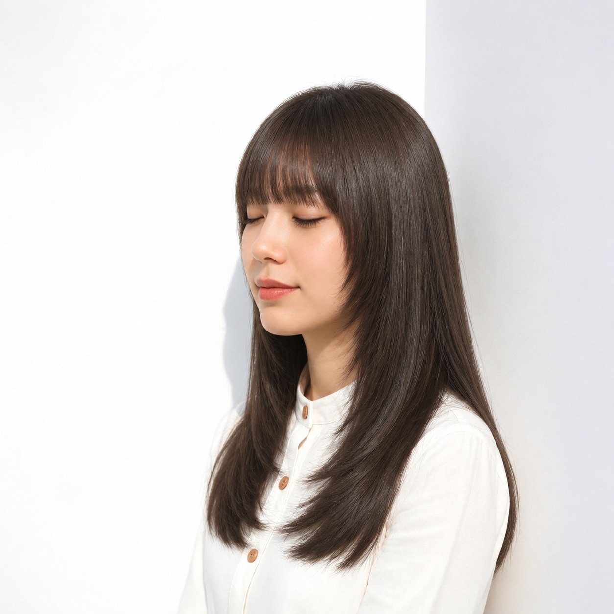 7. ぱっつん前髪 × ストレートロング：目元を縁取って端正に