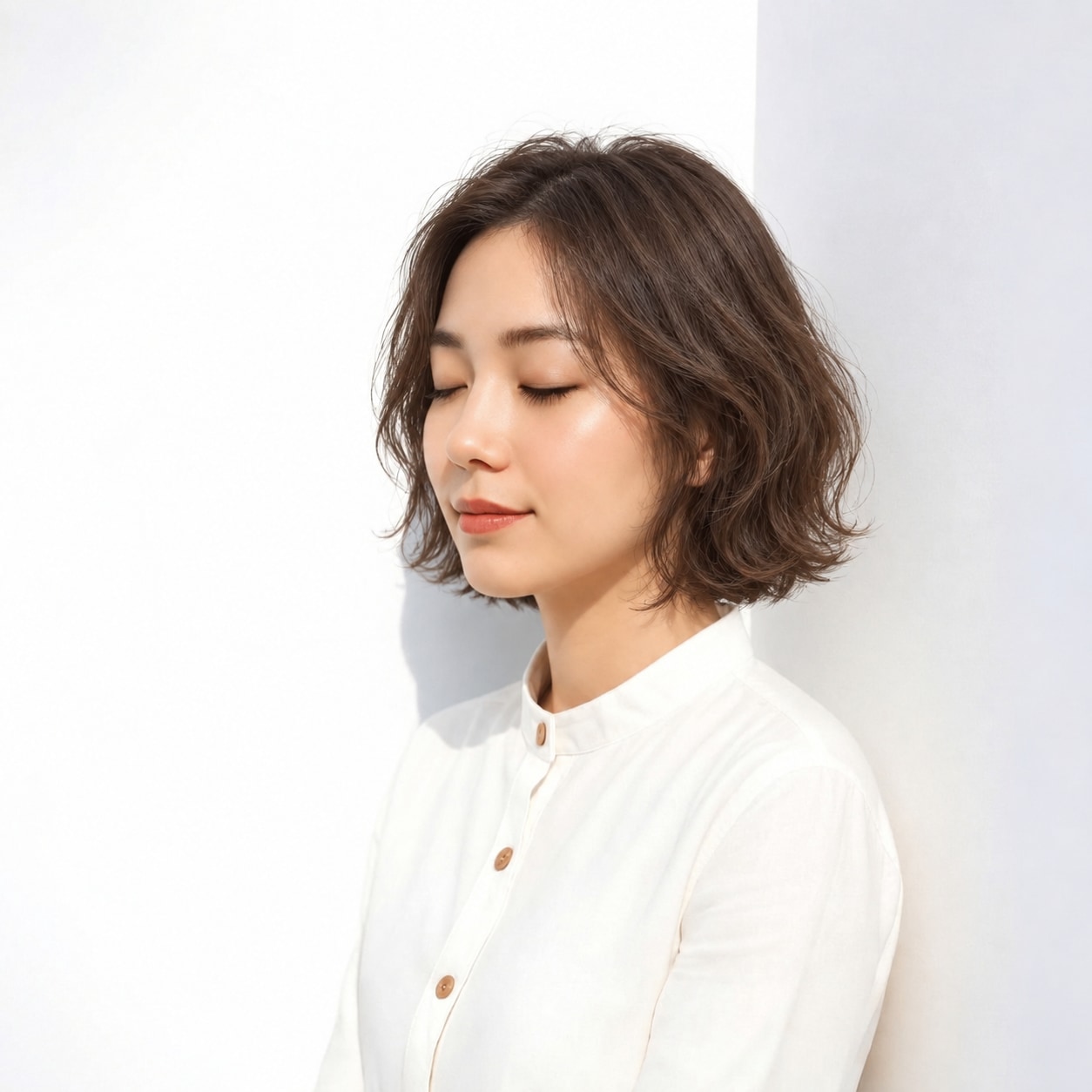 7. ゆるめボブパーマ × 外ハネカール：首元に空間ができ、短いレングスでも軽快に見えます