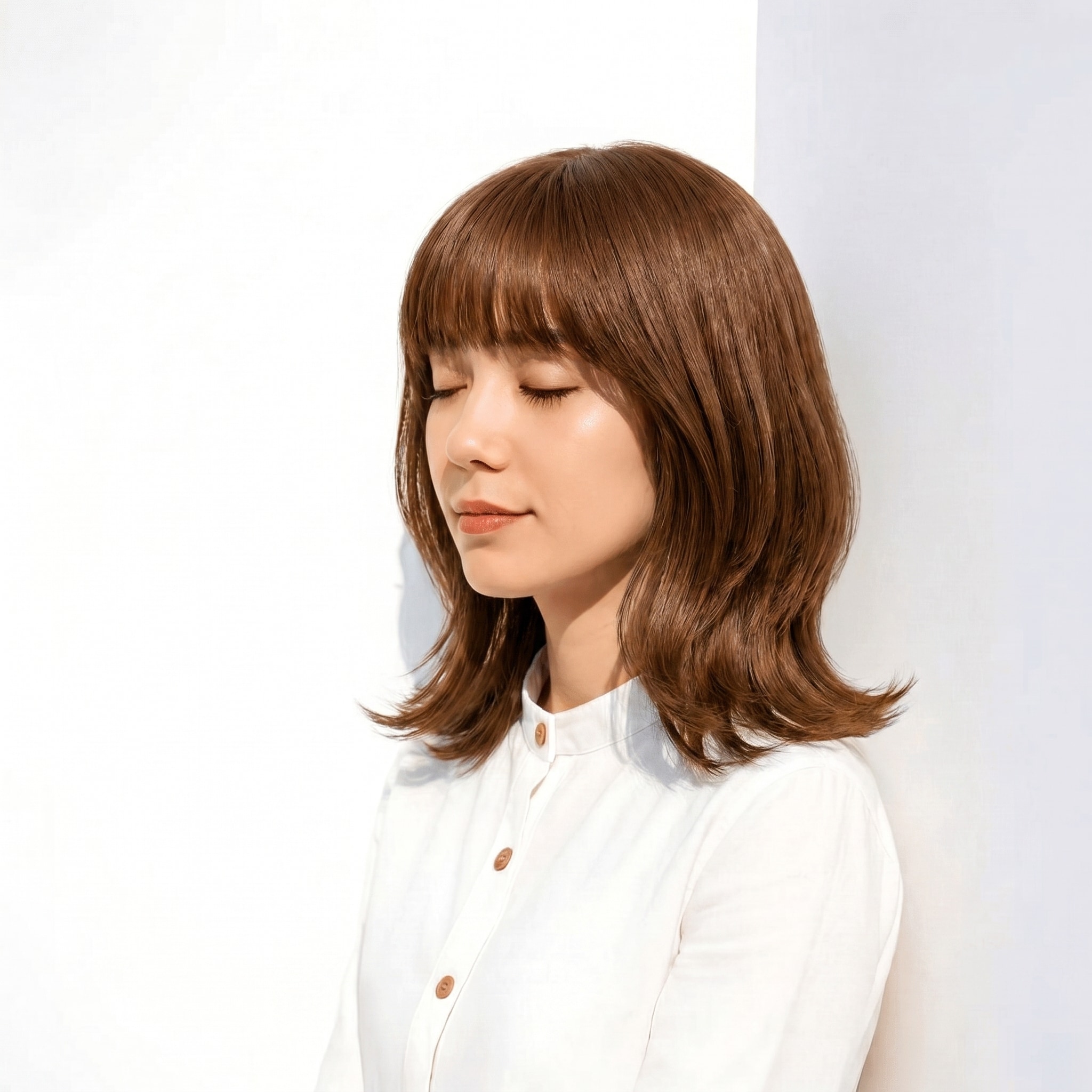 7. アッシュ ベージュ×ストレートミディアム: 上品なツヤと丸みを引き立てる