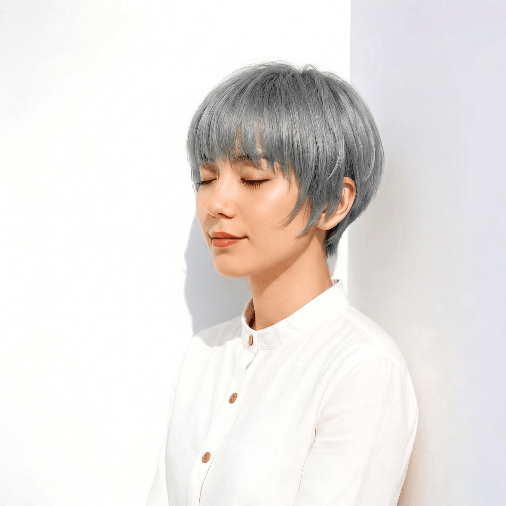 7. アッシュグレー×透明感: 柔らかさと女性らしさを両立するショートスタイル