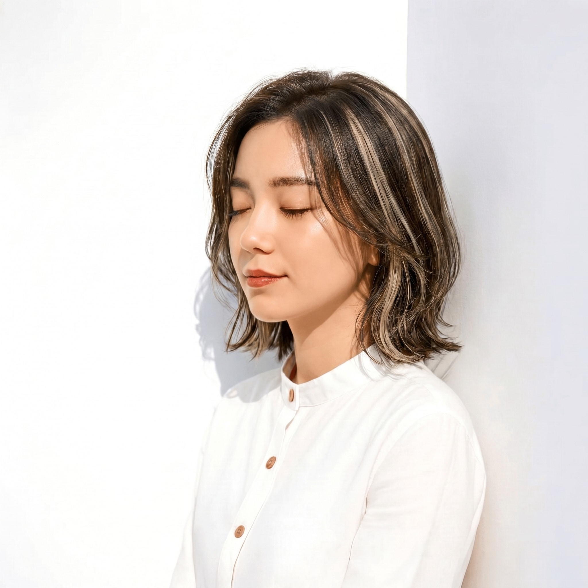7. アッシュグレージュ×ハイライト: 顔周りを華やかに彩るフェイスライン効果