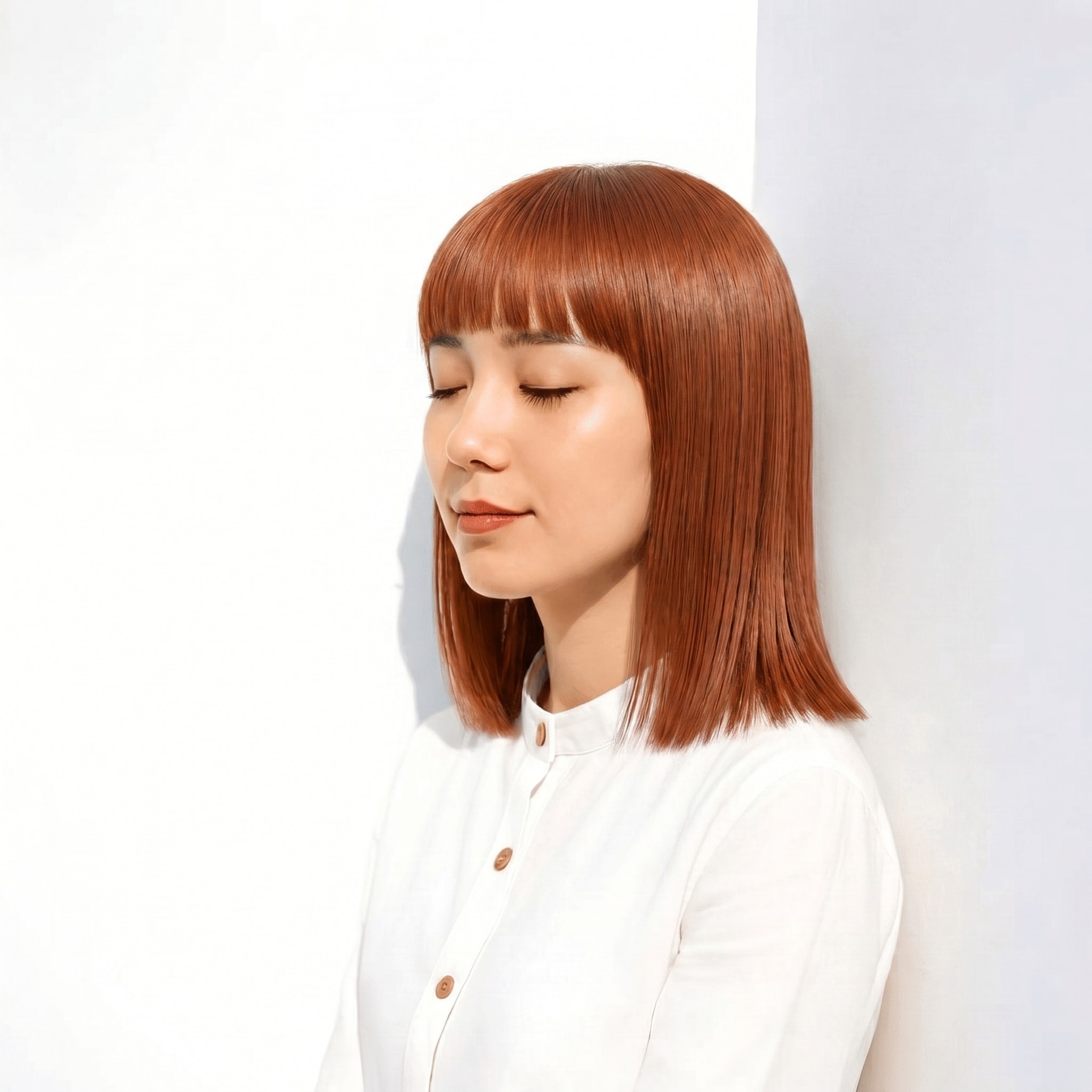7. アプリコットオレンジ×切りっぱなしロブ: タイトな外ハネに瑞々しい暖色の抜け感を重ねる