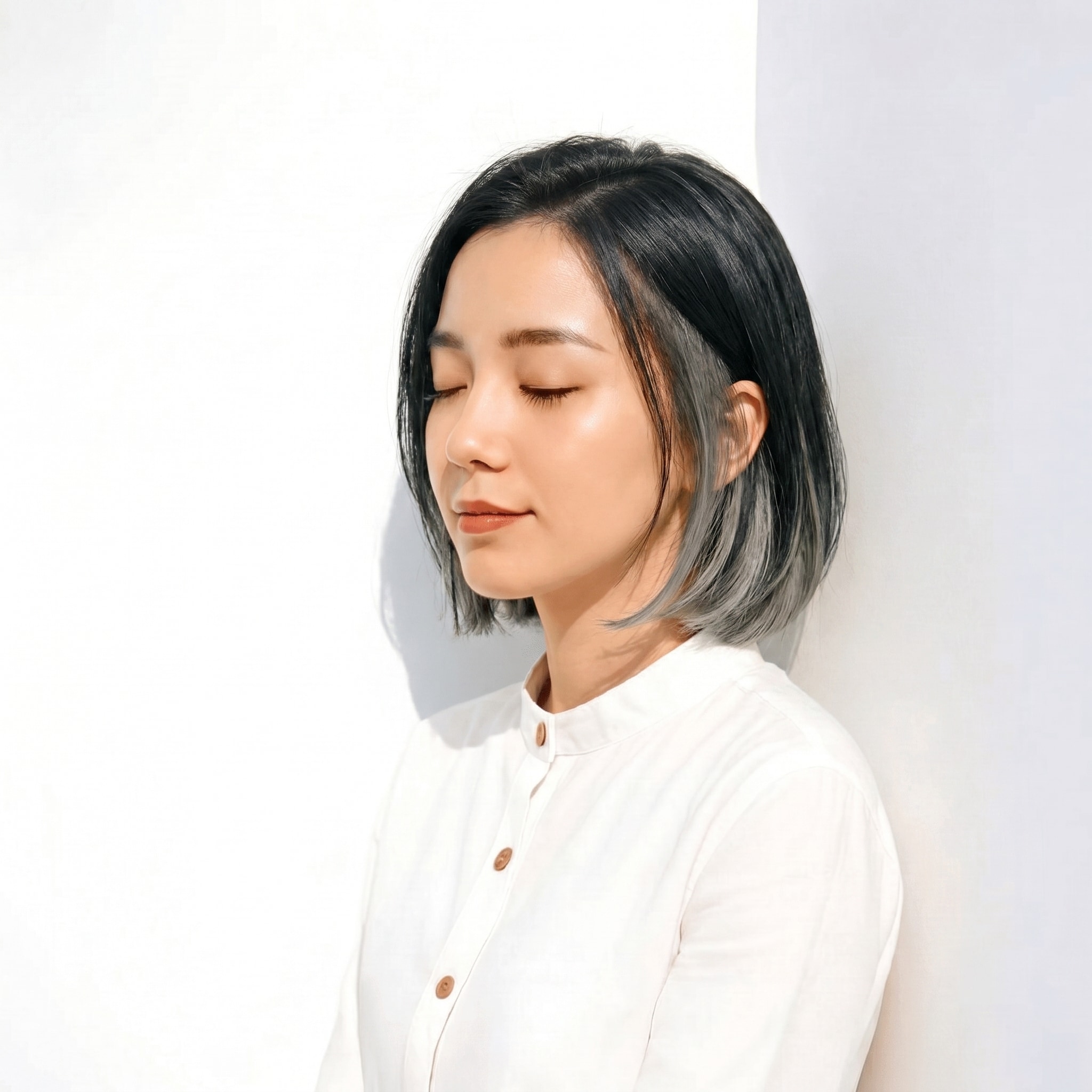 7. インナーカラー×シルバー×ストレートボブ: 暗めベースにさりげない抜け感と遊び心を添える