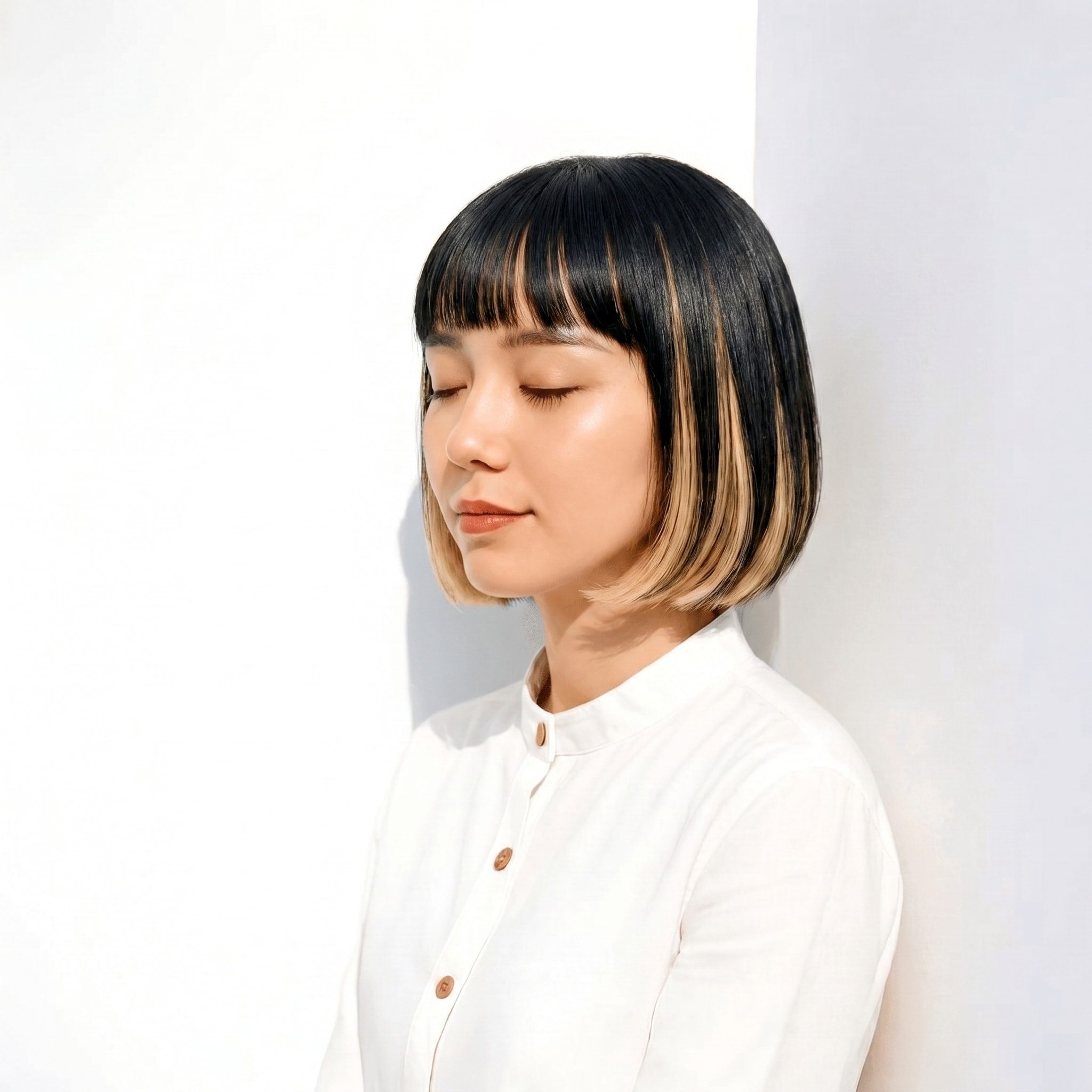 7. インナーカラー×明るいベージュ×切りっぱなしボブ: 顔まわりを明るく見せて、動くたび立体感をプラス