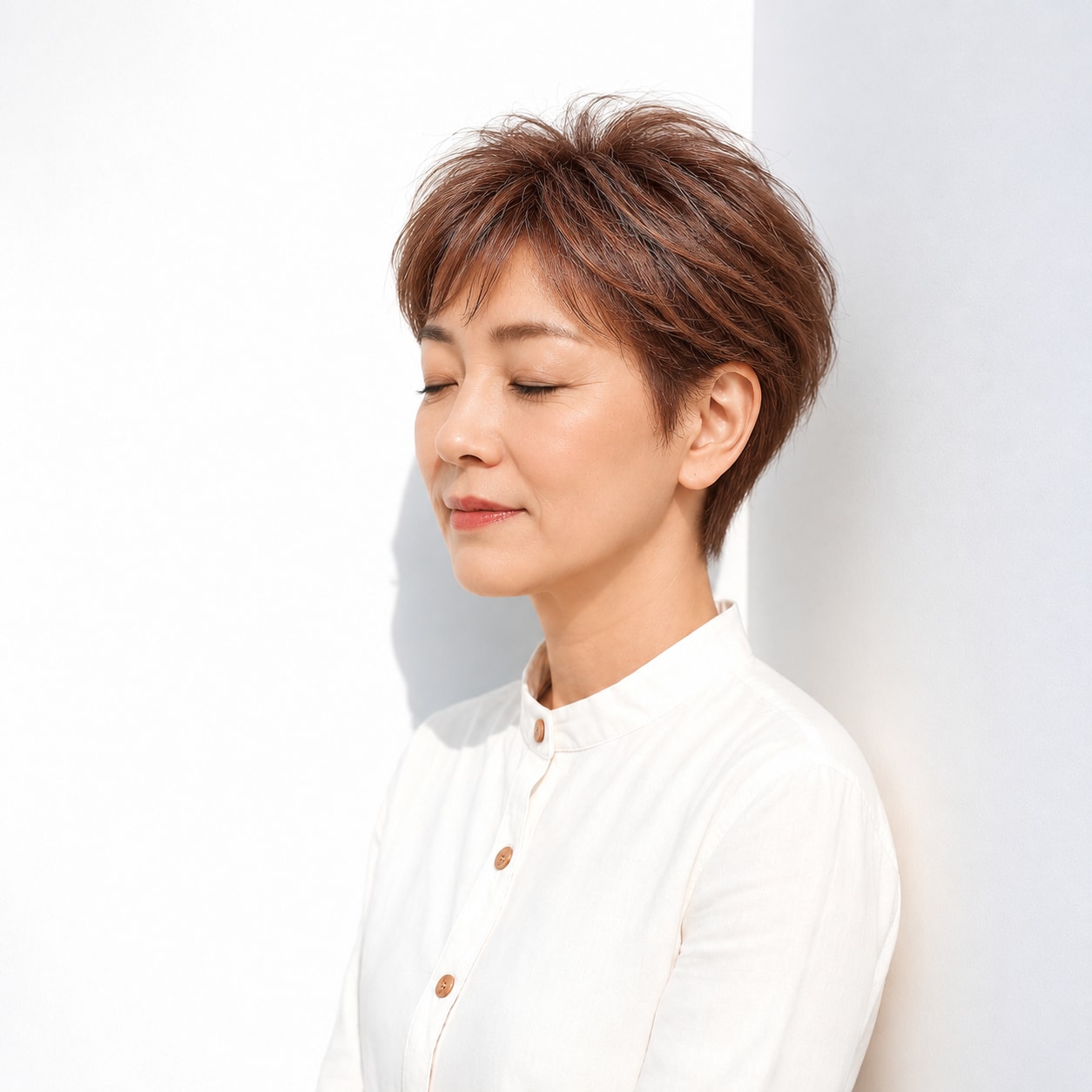 7. ウォームブラウン × ショートレイヤー：温かさを動きにのせる